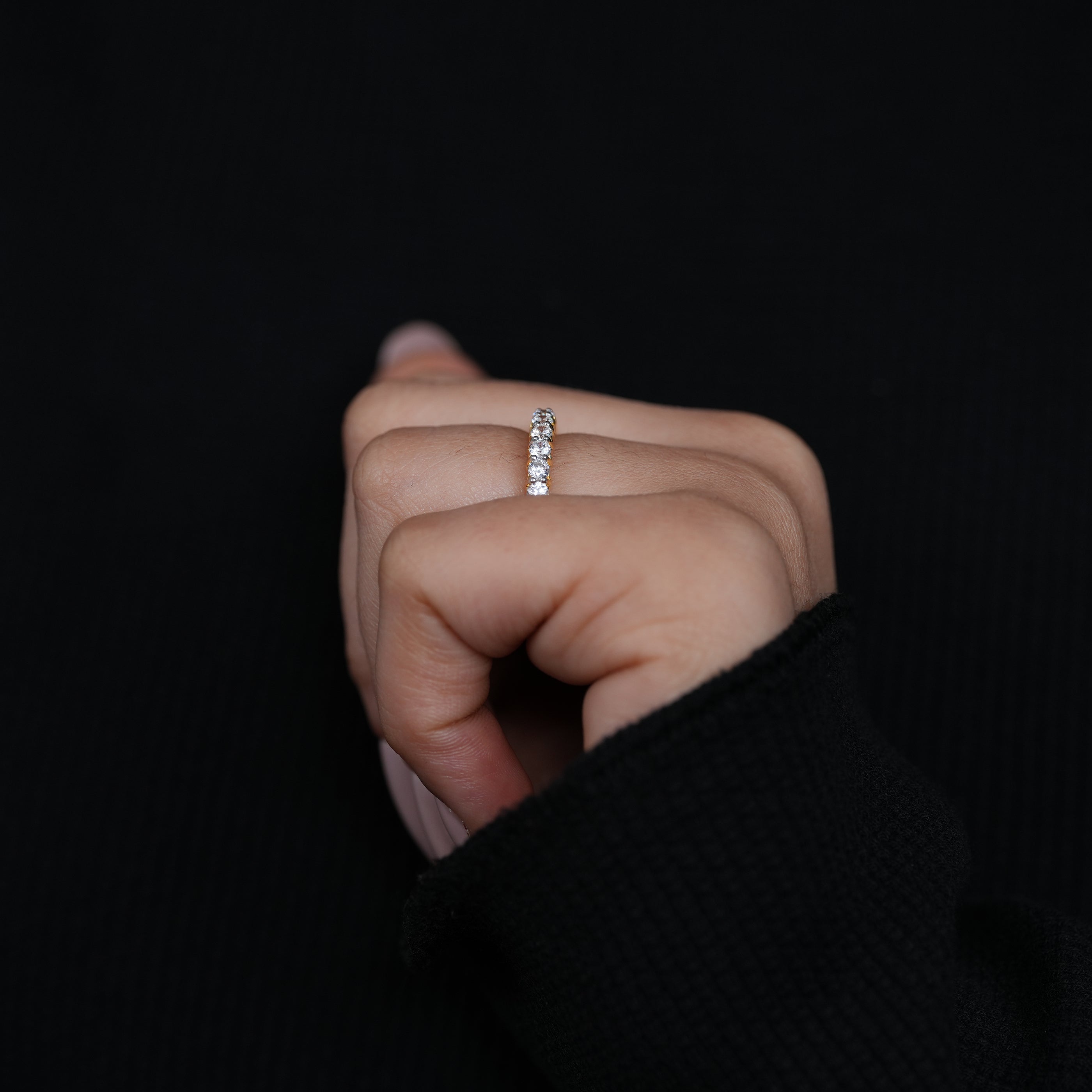 Stackable yellow gold lab grown diamond prong set eternity ring