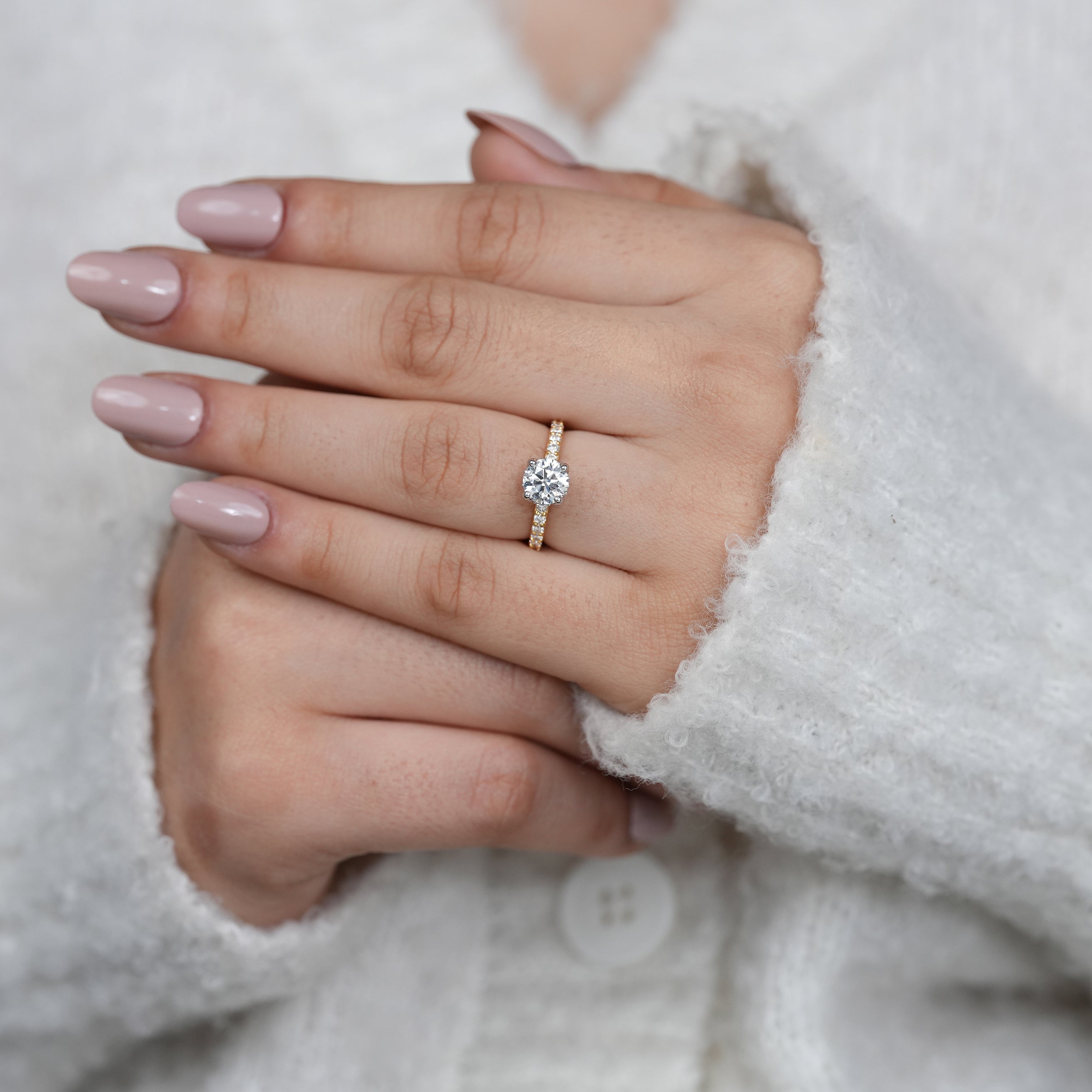 Classic round lab grown diamond ring with slim yellow gold band