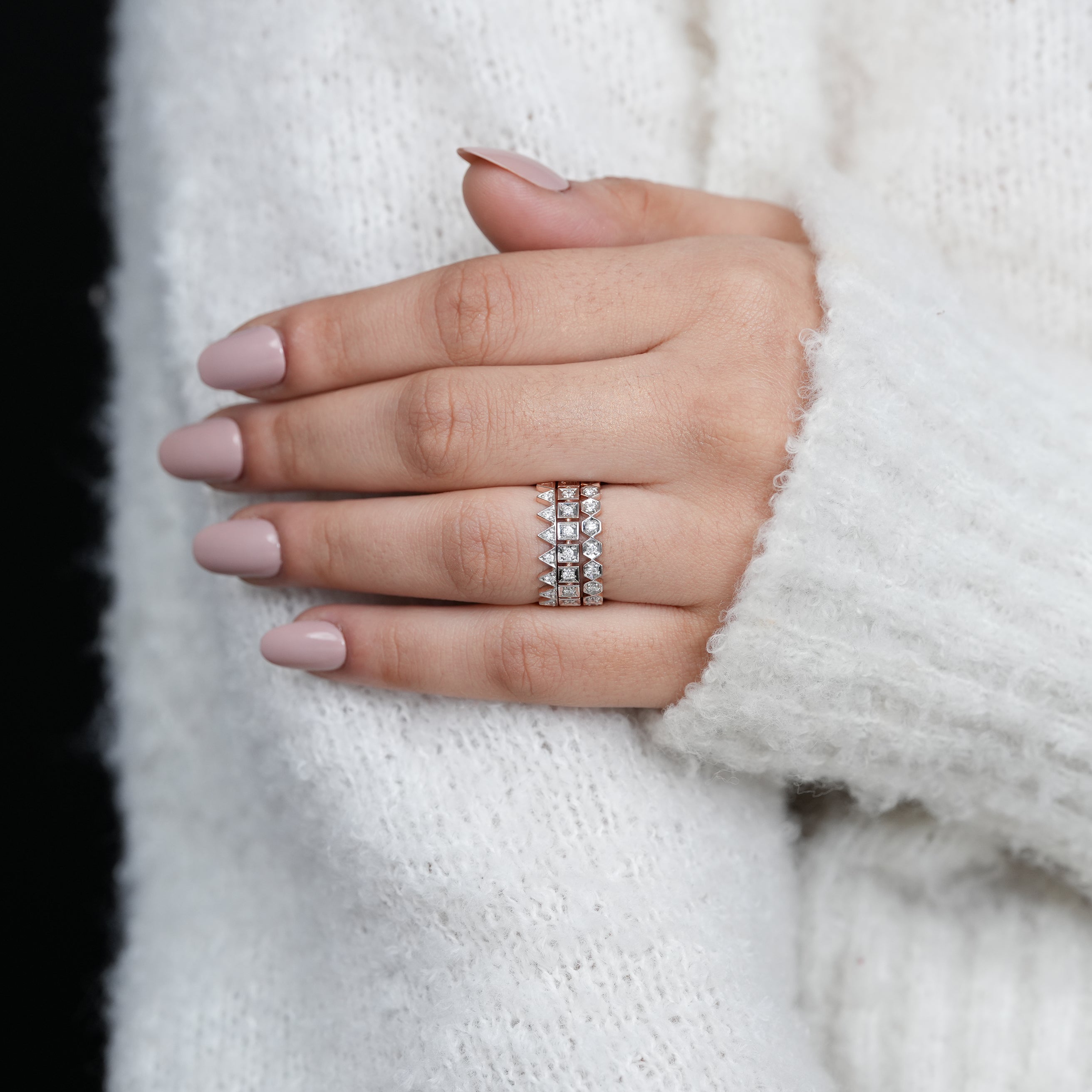 Statement crown stacking rings with pavé diamonds in rose gold
