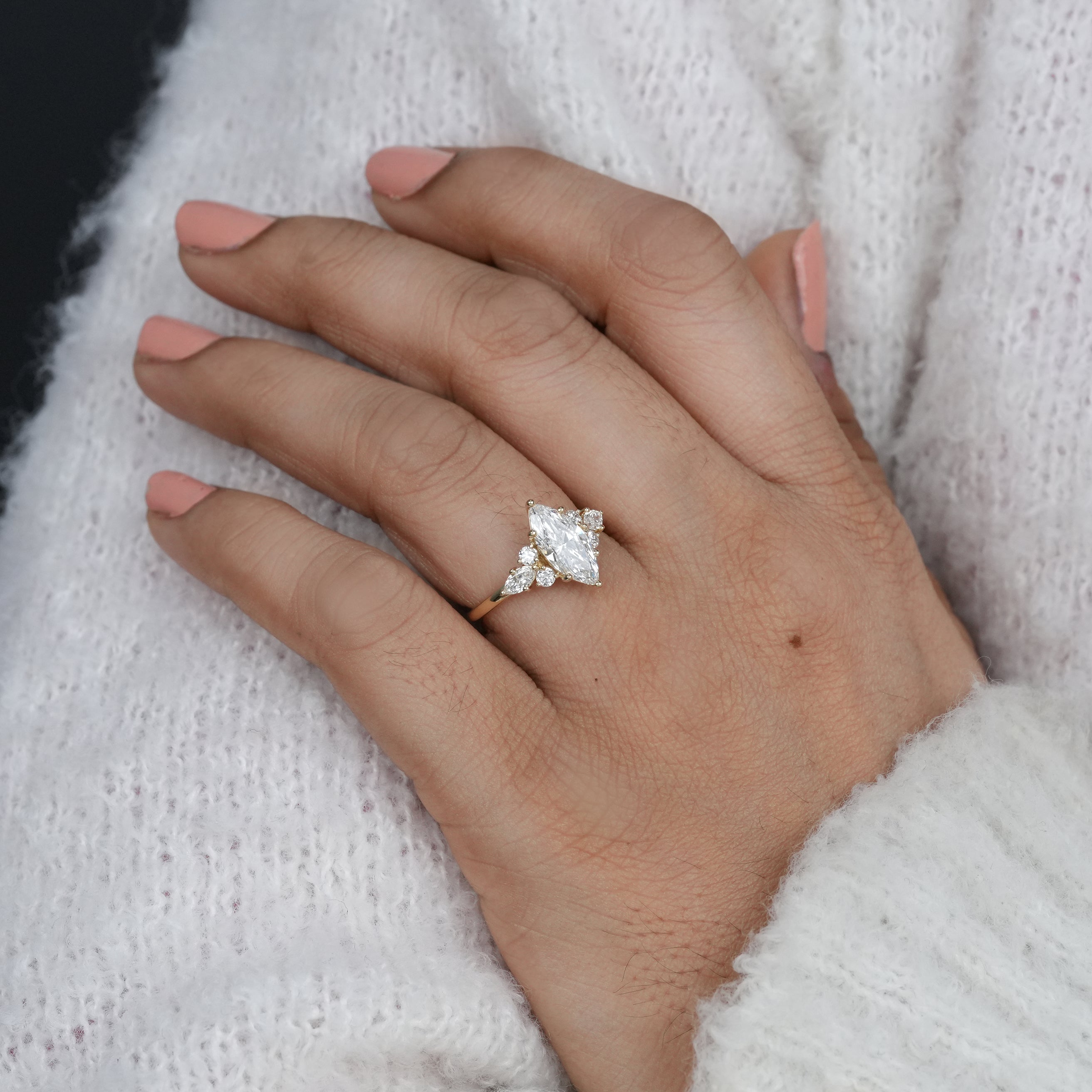 Vintage style marquise lab grown diamond ring with side details