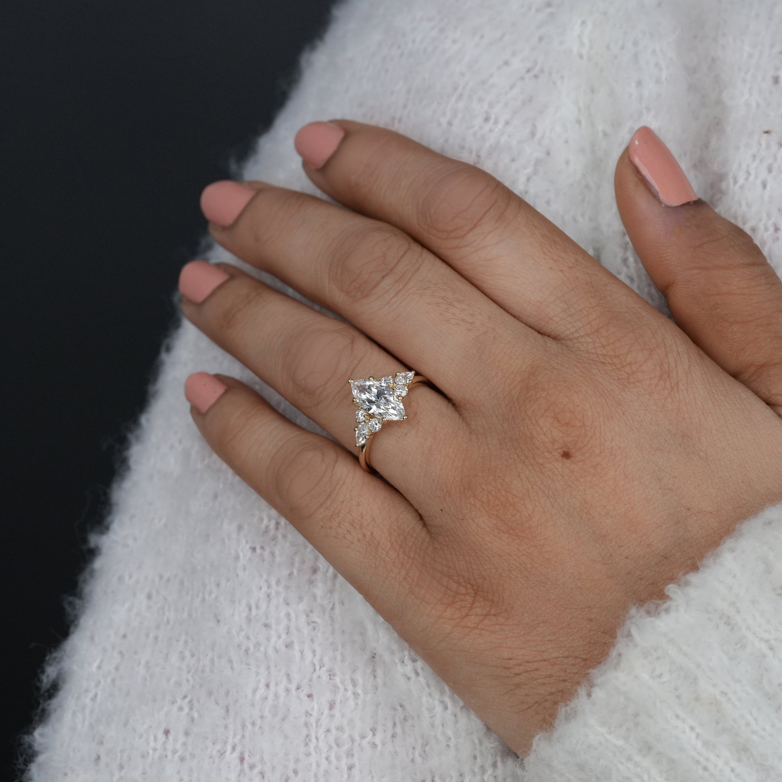 Romantic marquise lab grown diamond engagement ring with clusters