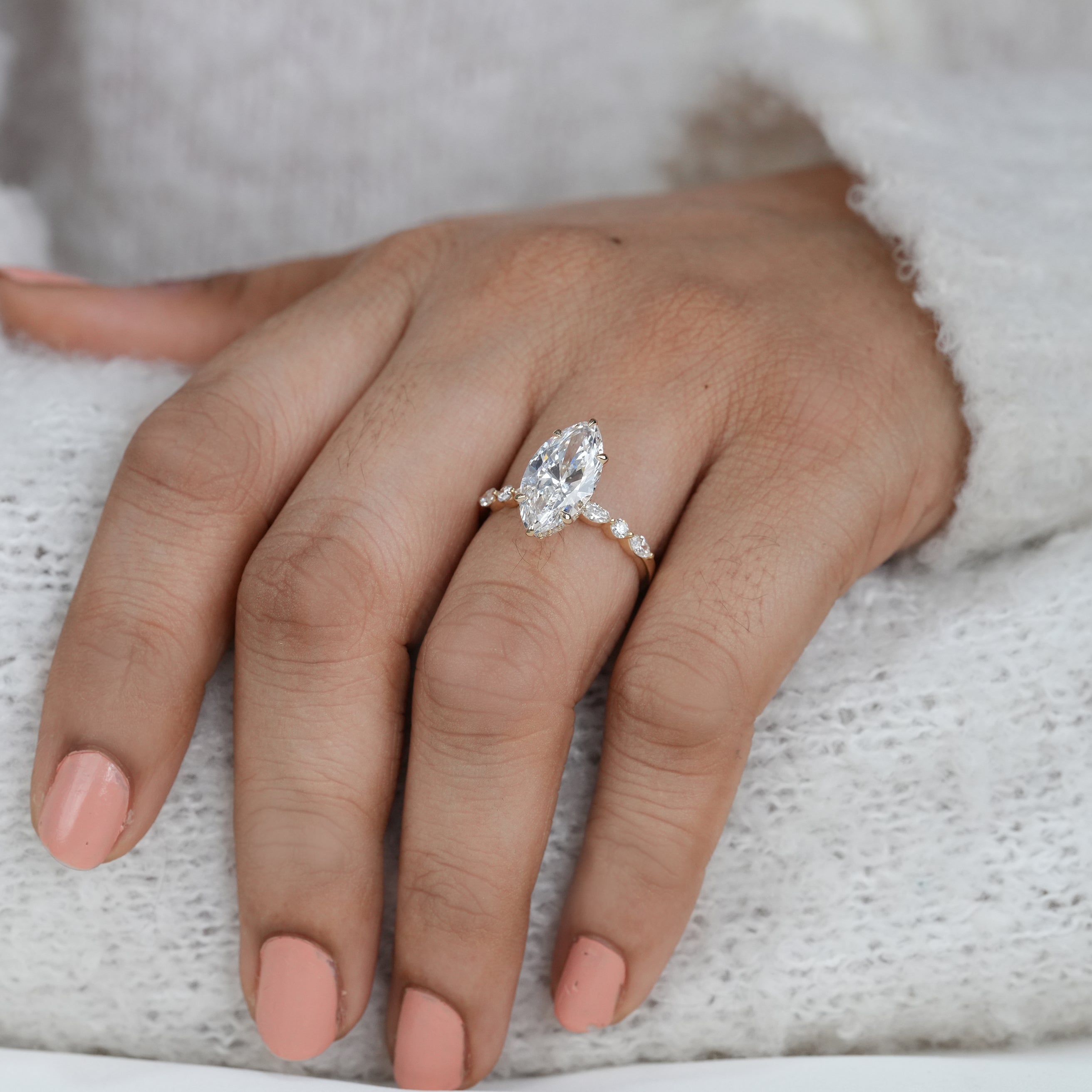Classic marquise lab grown diamond ring with delicate side diamonds