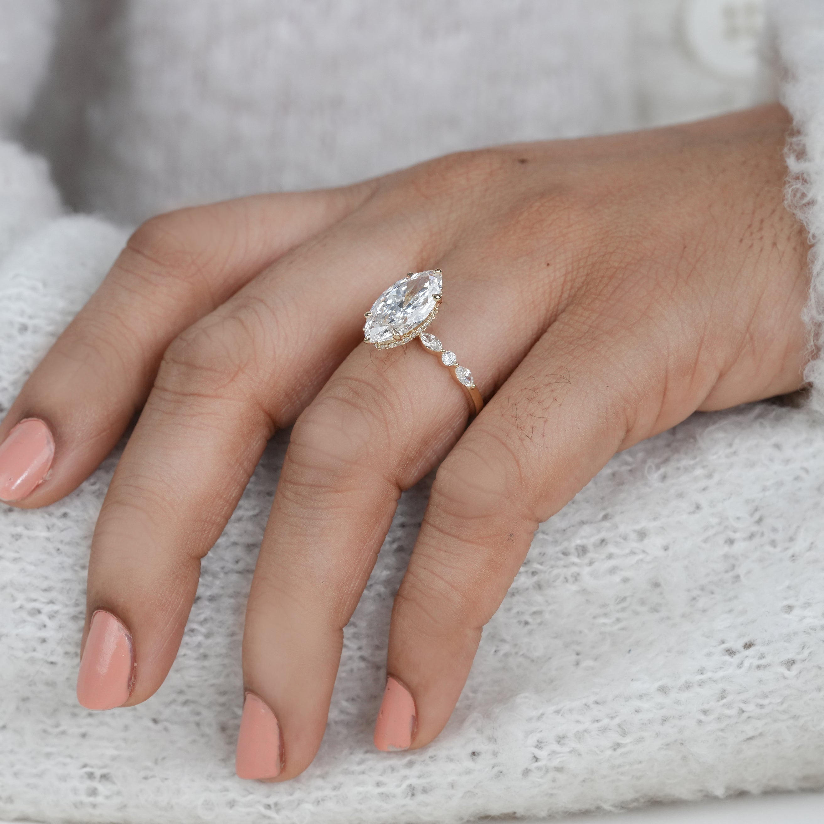Romantic marquise lab grown diamond ring with accent stone band