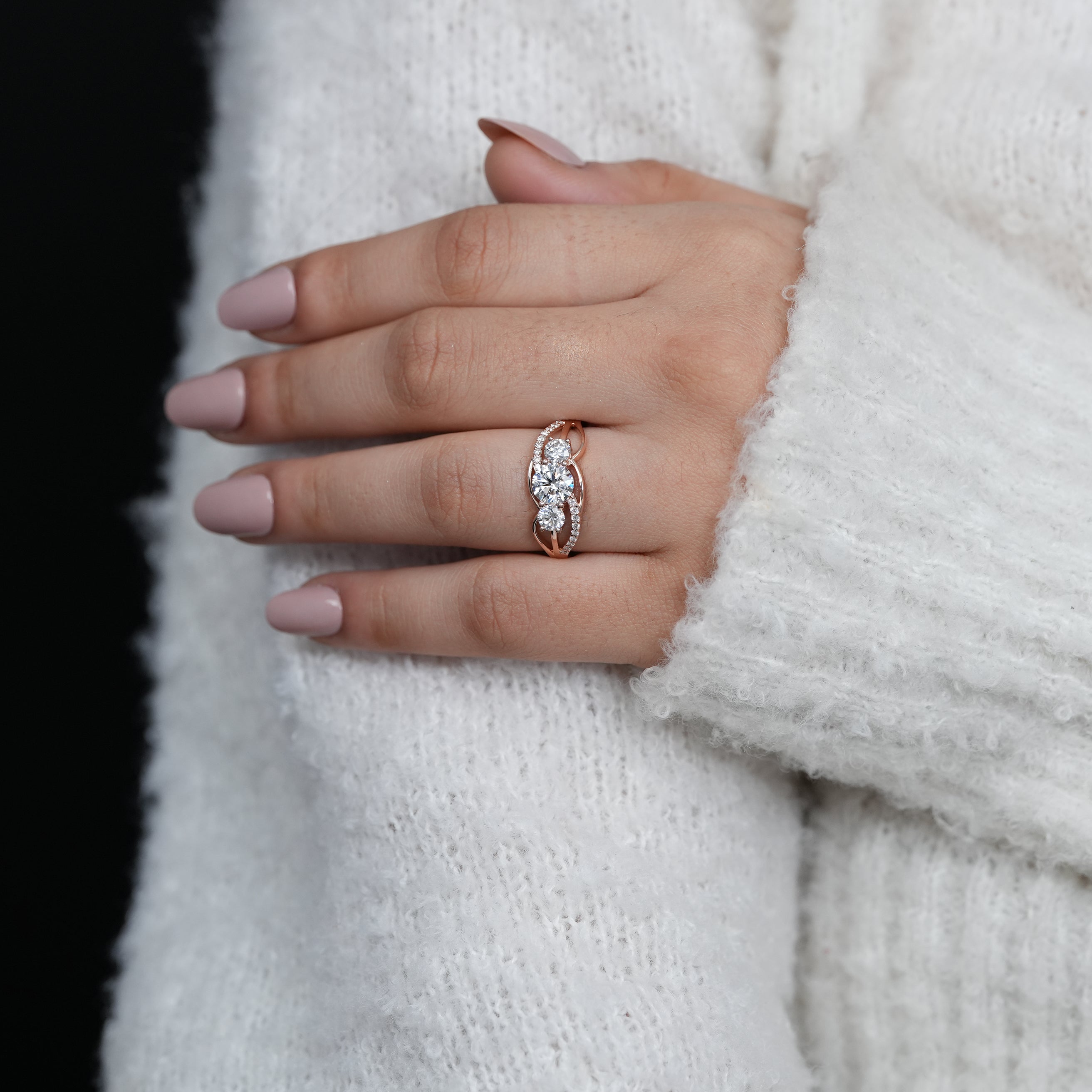 Vintage inspired rose gold three stone lab grown diamond engagement ring