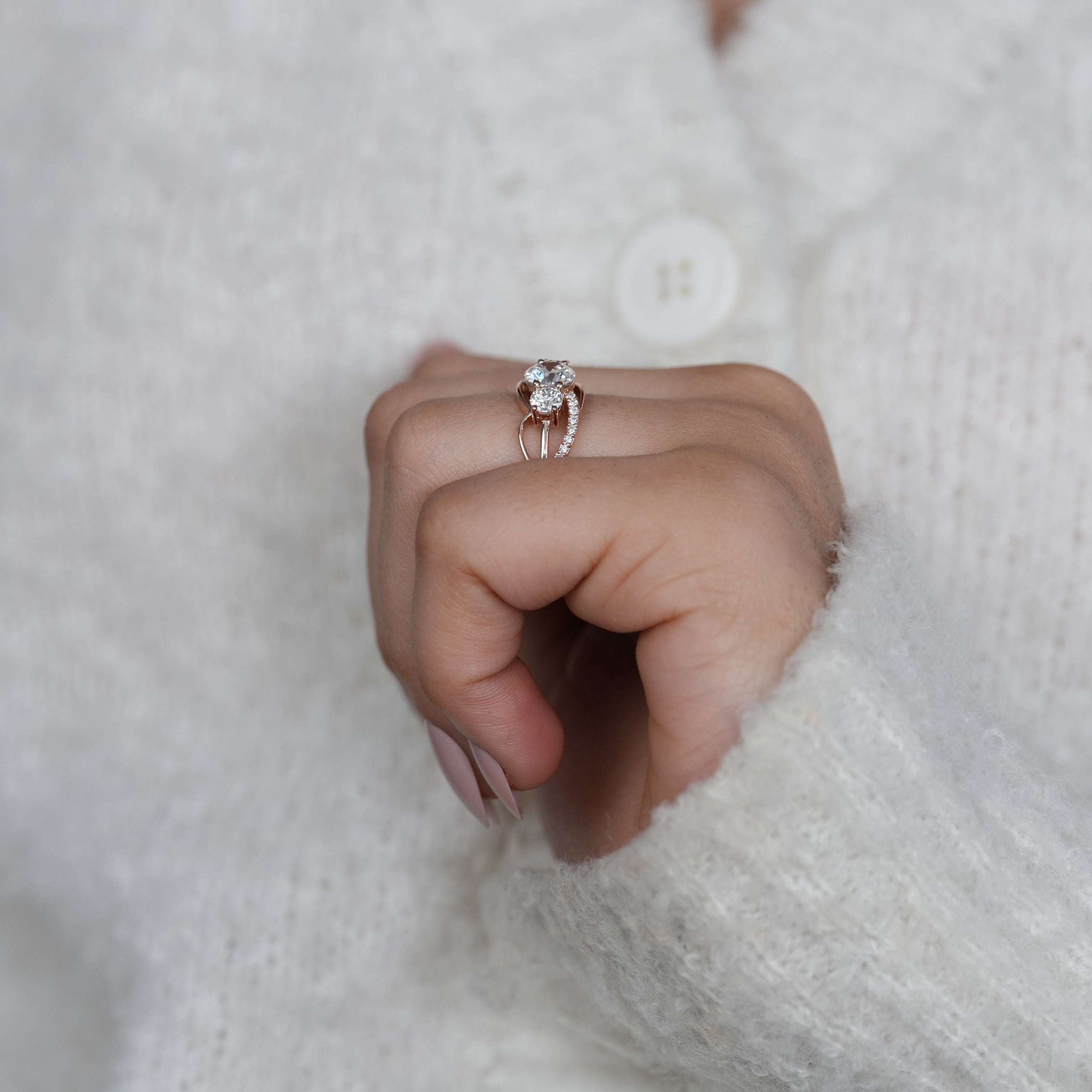 Luxury rose gold three stone lab grown diamond ring with pavé setting
