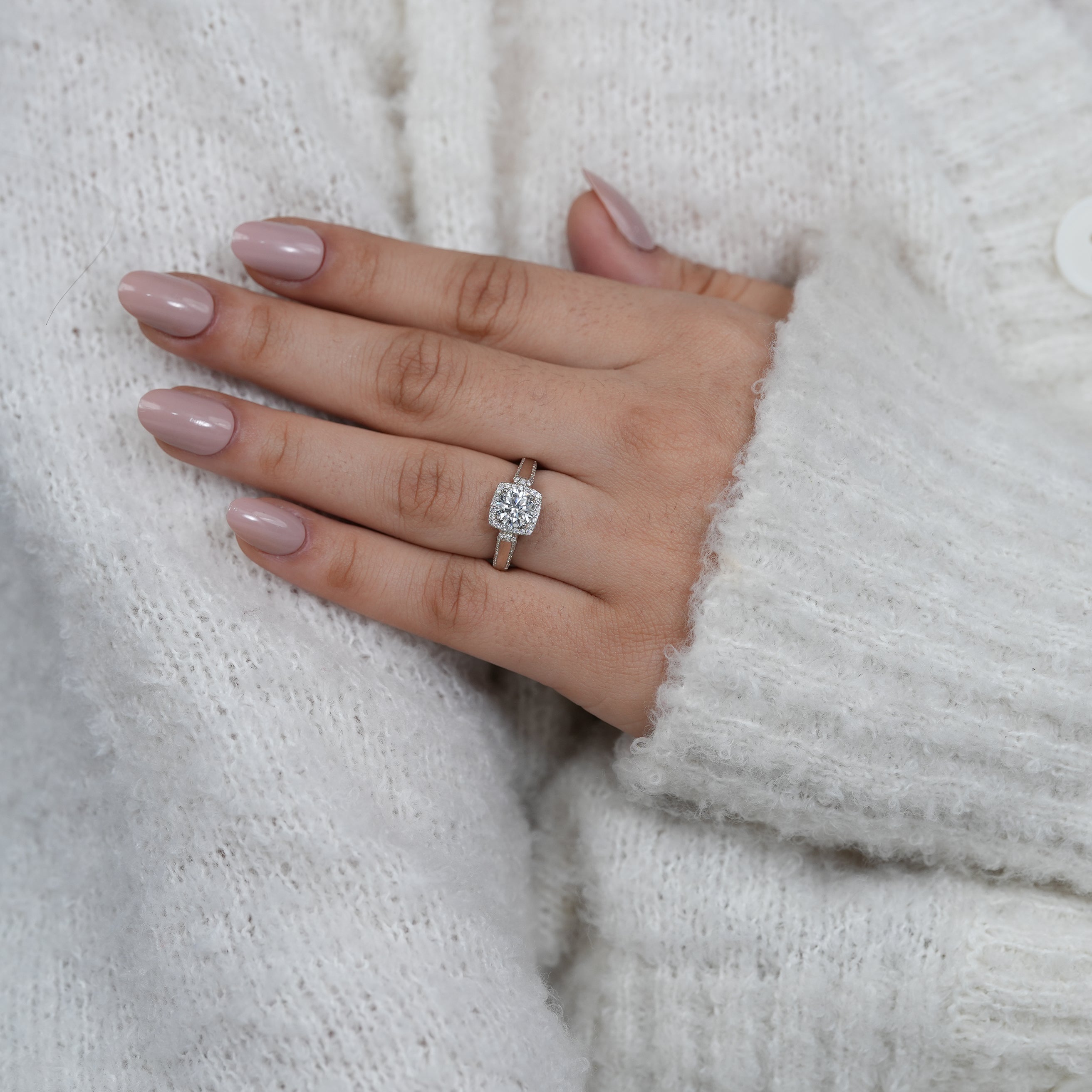 Elegant round lab grown diamond halo ring with split style band