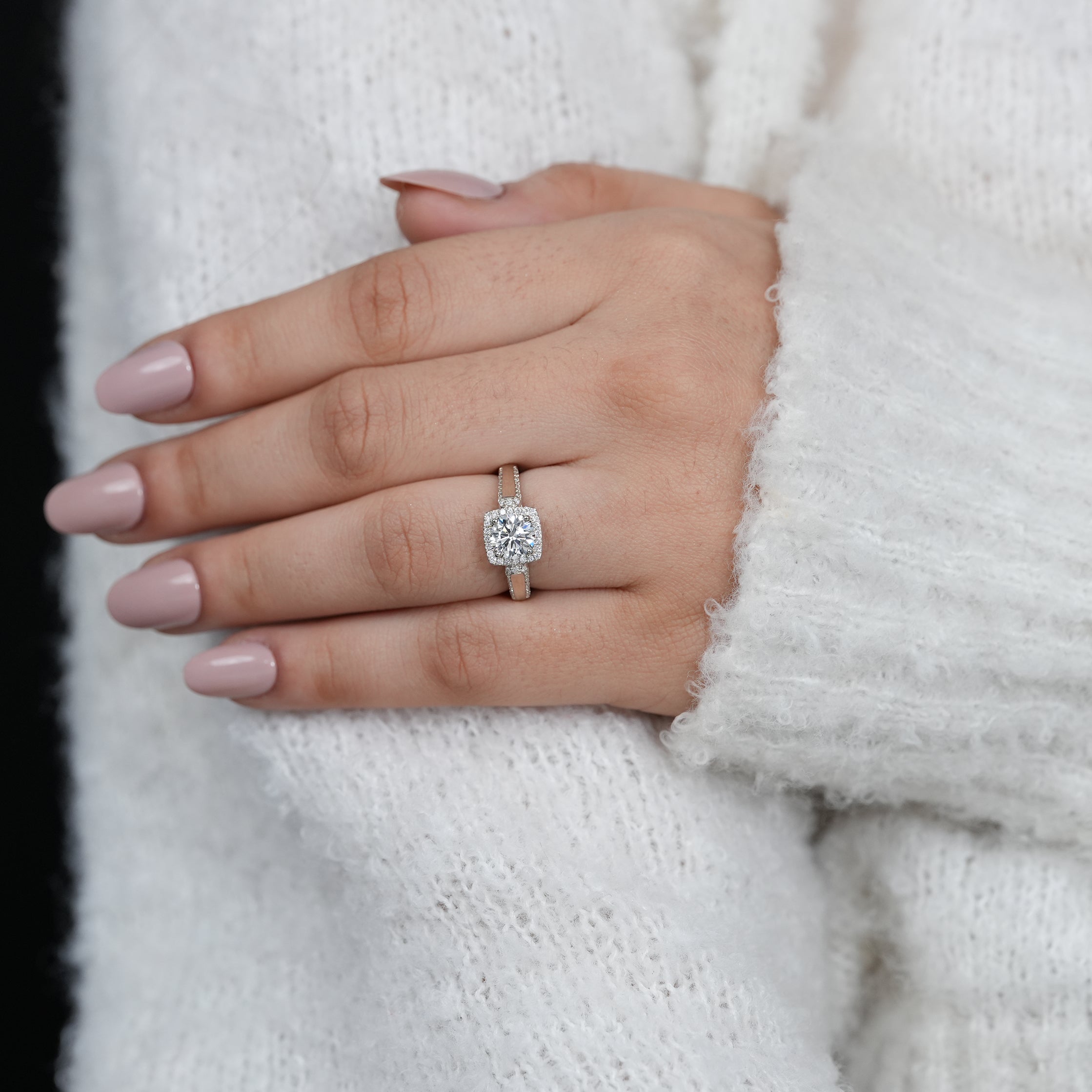 Luxury white gold halo ring with brilliant round lab grown diamond