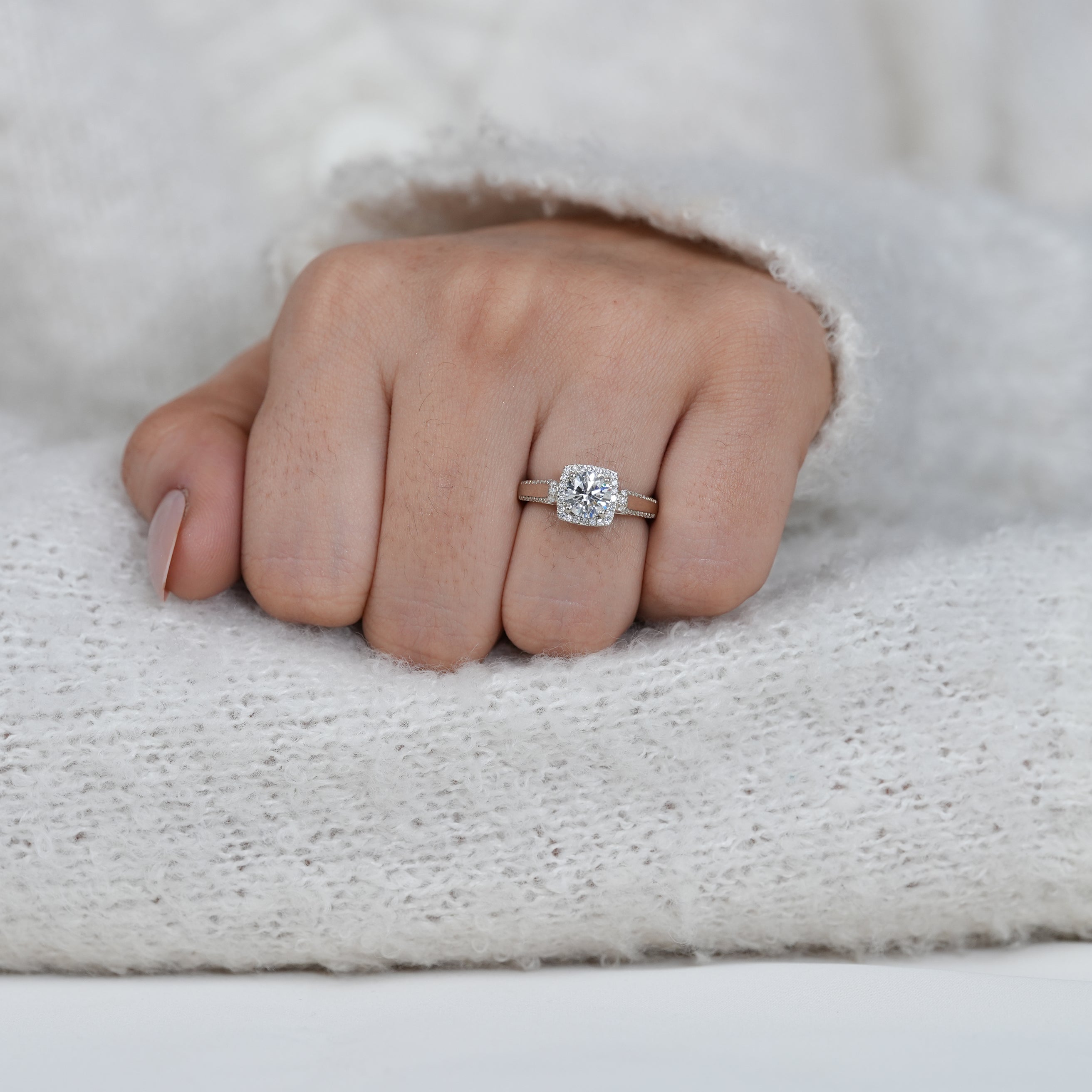 Fine halo engagement ring with round lab grown diamond and micro pavé