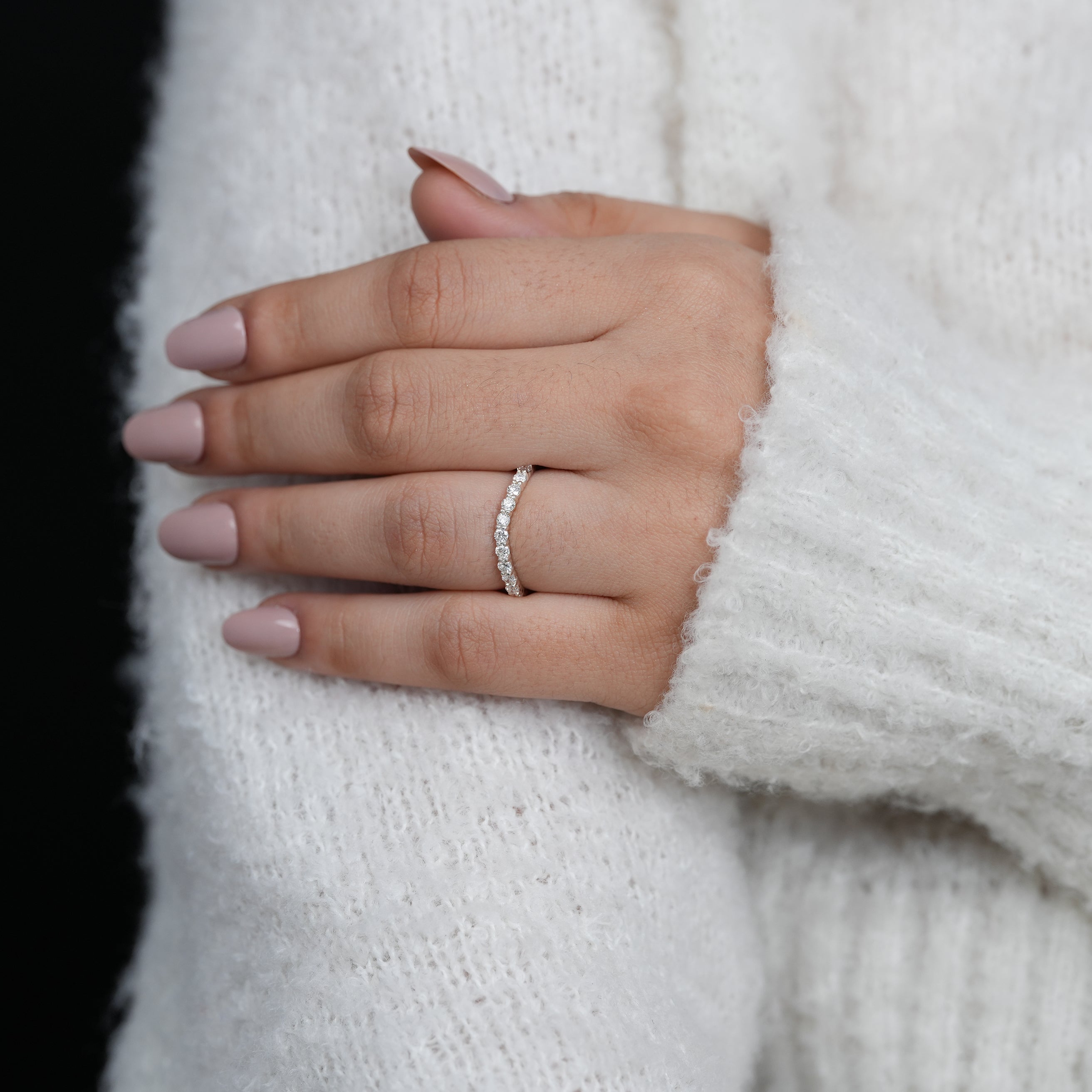 Minimal white gold eternity band with round lab grown diamonds