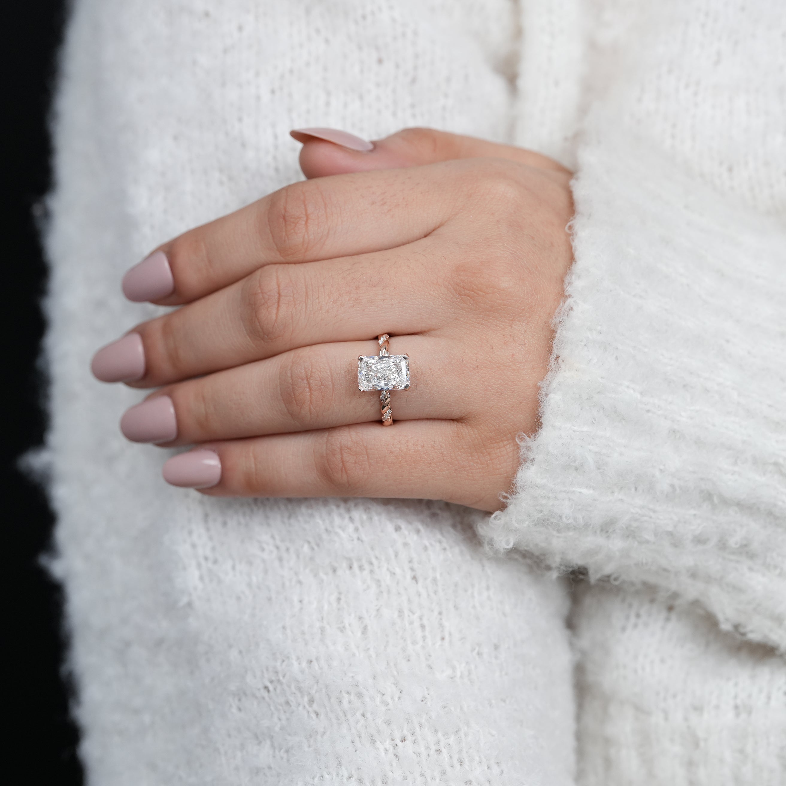 Fine radiant lab grown diamond engagement ring with rope style band