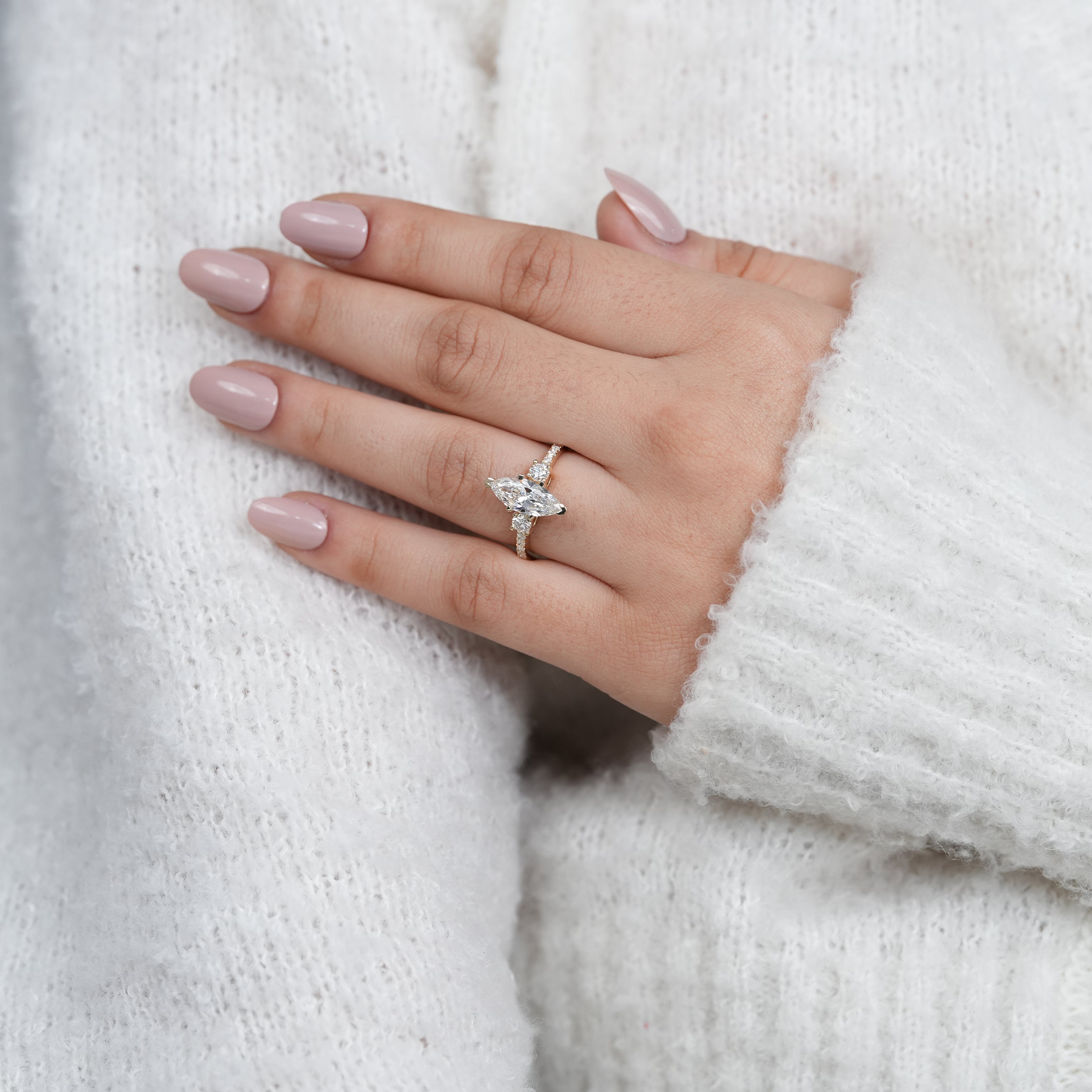 Classic marquise lab grown diamond engagement ring with pavé accents