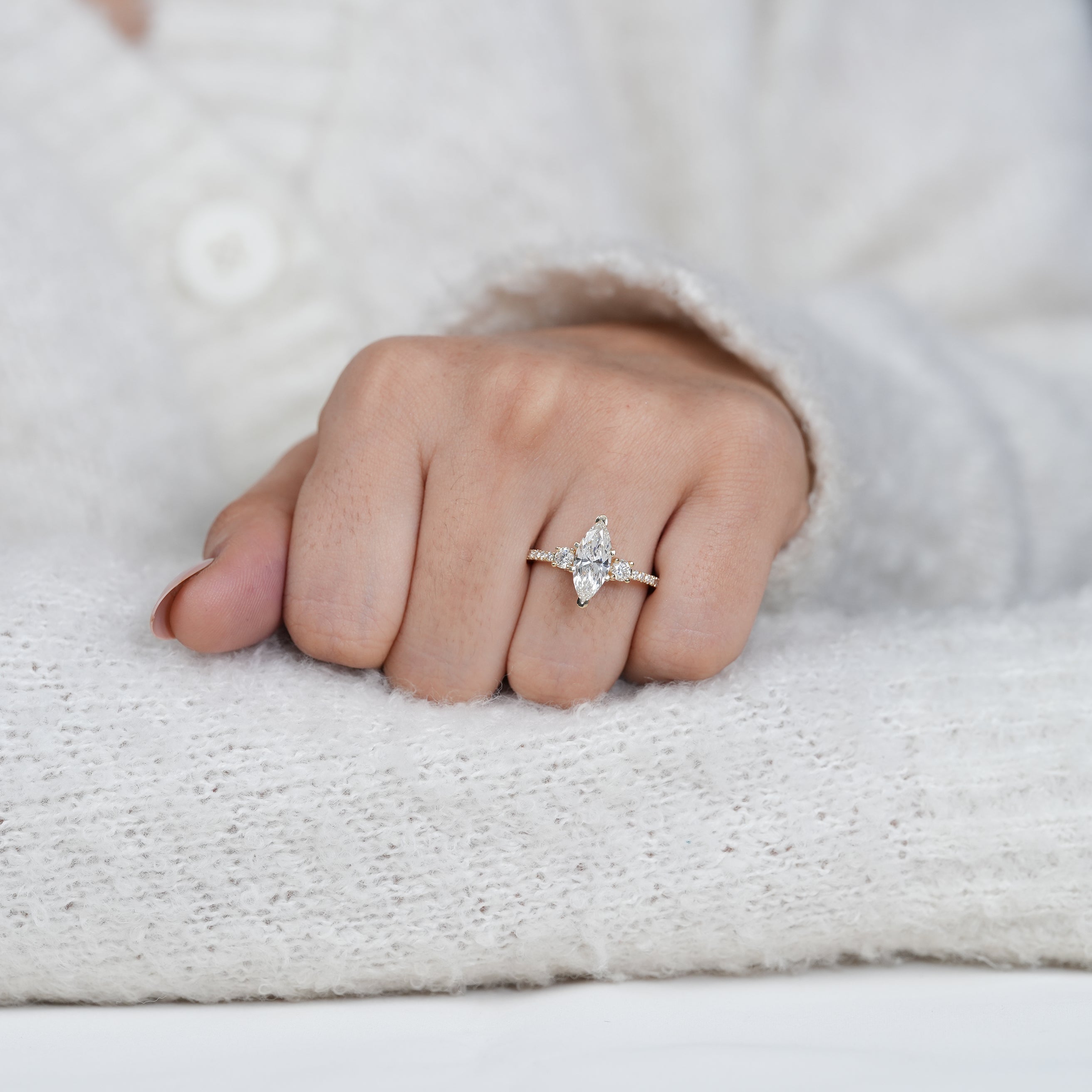 Luxury marquise lab grown diamond ring with slim pavé band
