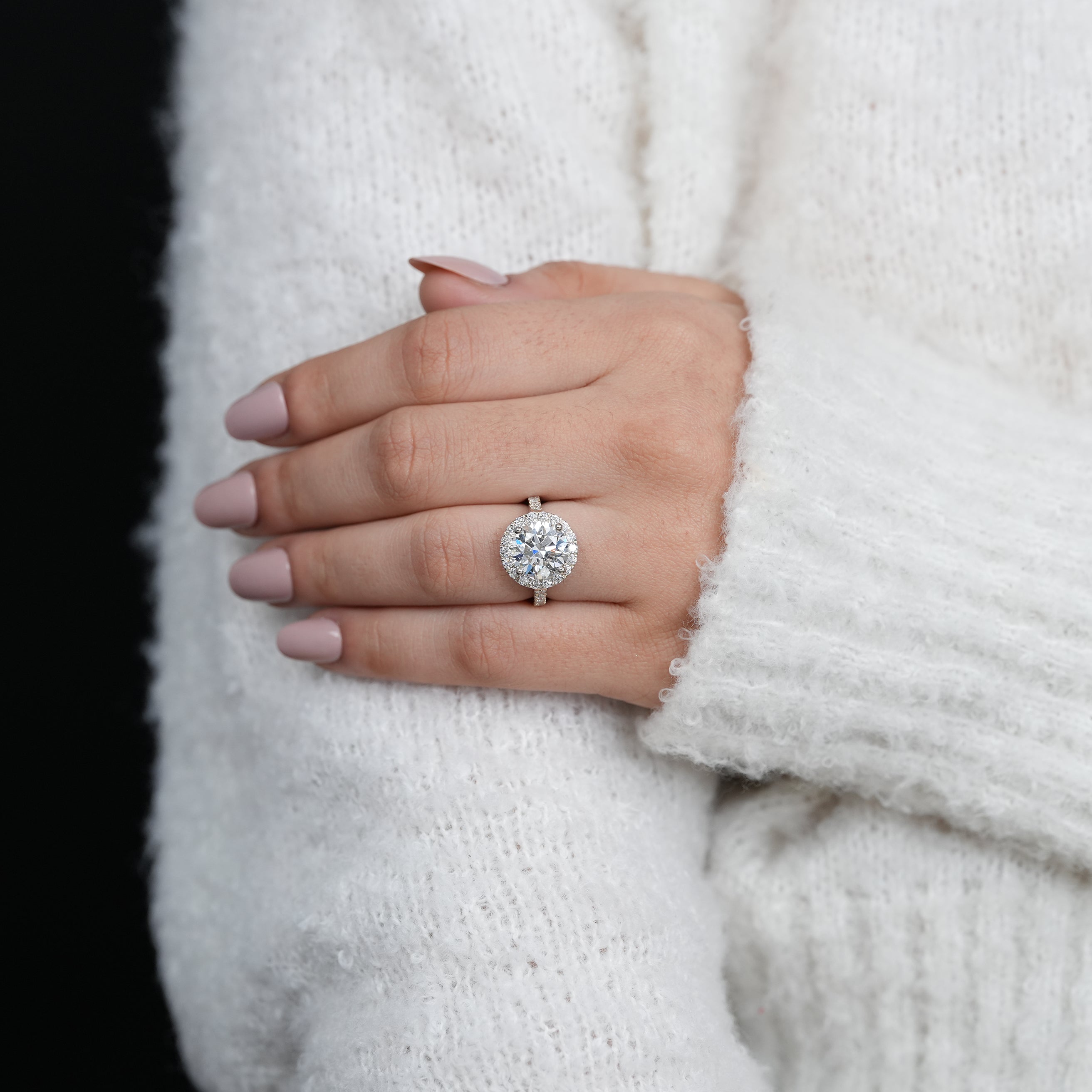 Luxury round lab grown diamond halo ring with slim pavé band