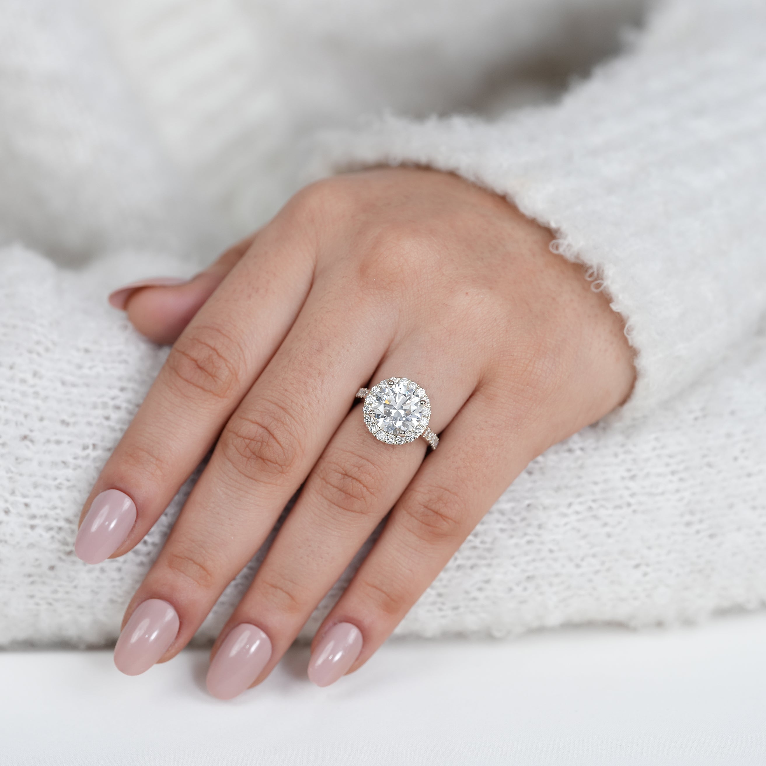 Fine yellow gold ring with round lab grown diamond halo design