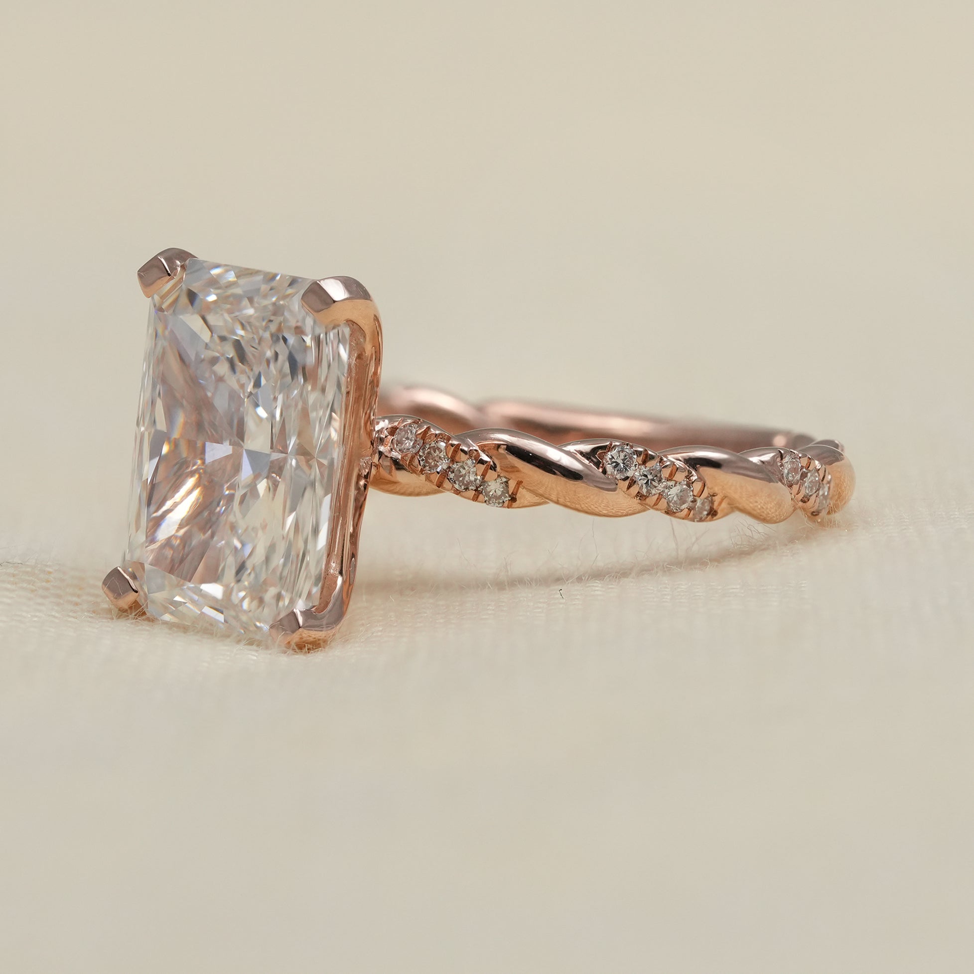Luxury radiant cut lab grown diamond ring with sculpted rose gold