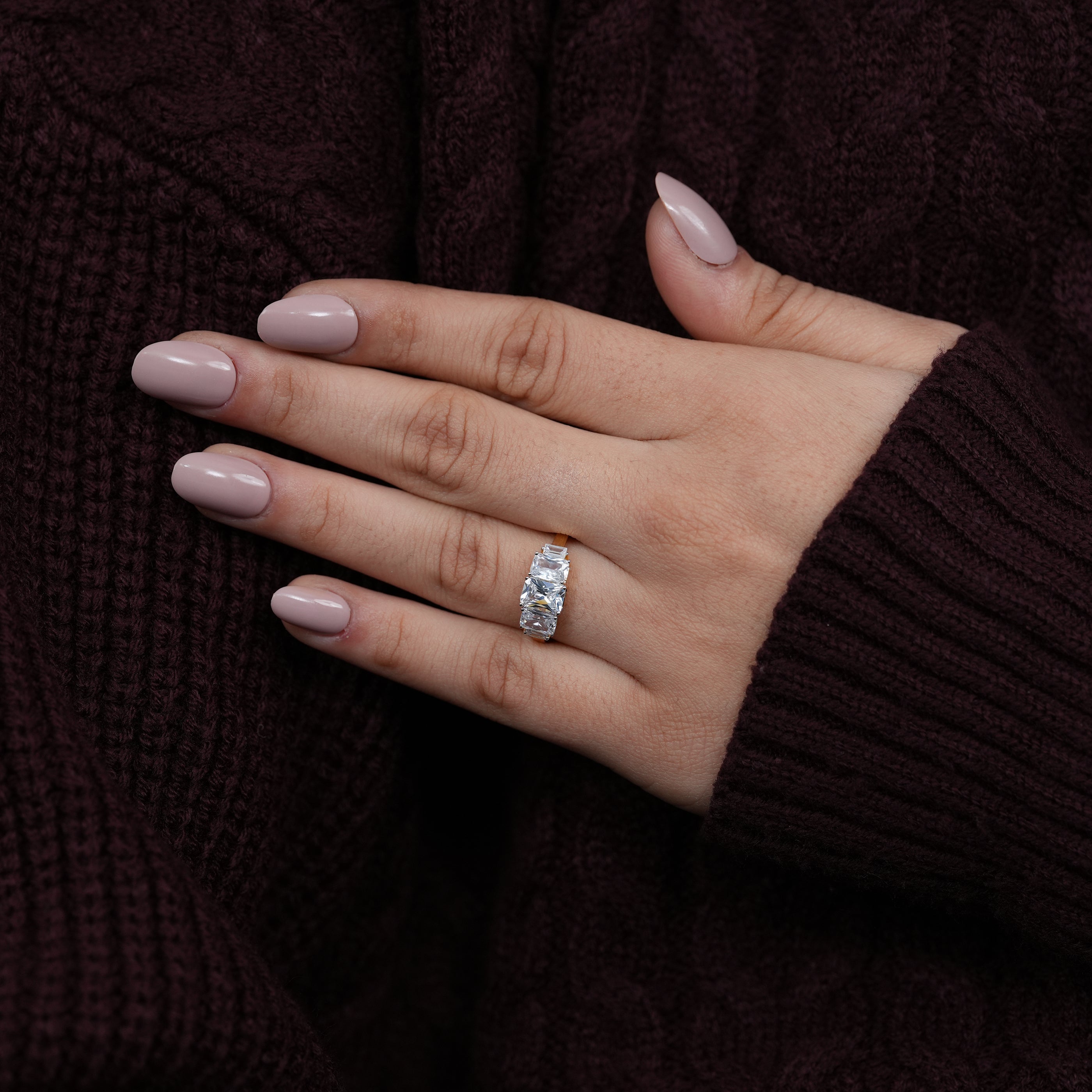 Radiant cut three stone lab grown diamond engagement ring in gold