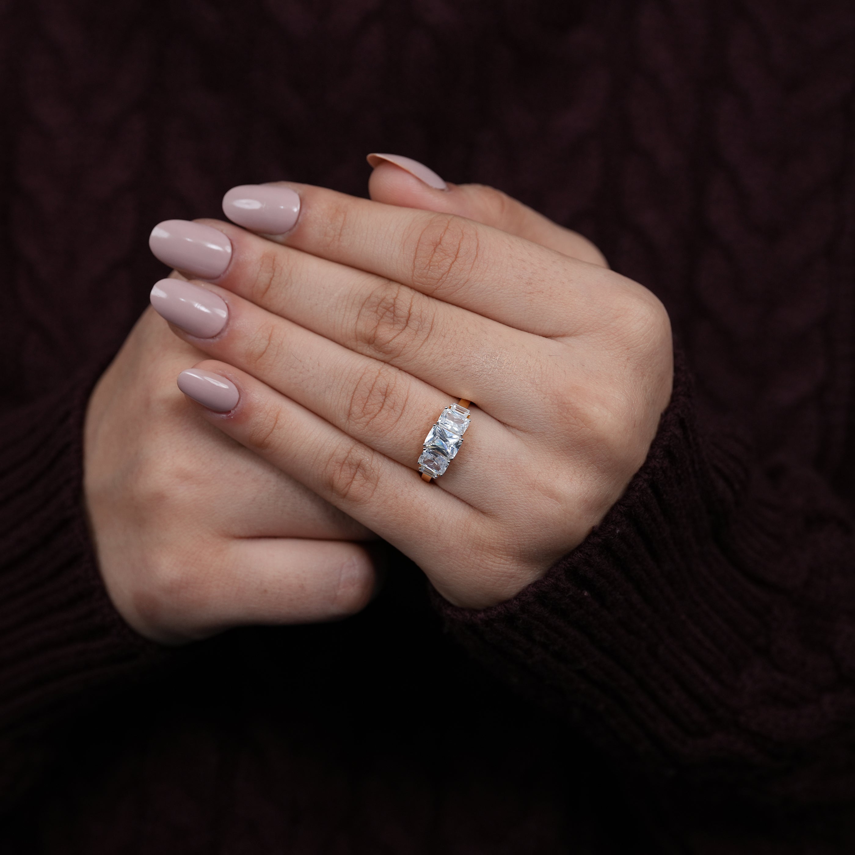 Luxury three stone radiant lab grown diamond ring for wedding gifting