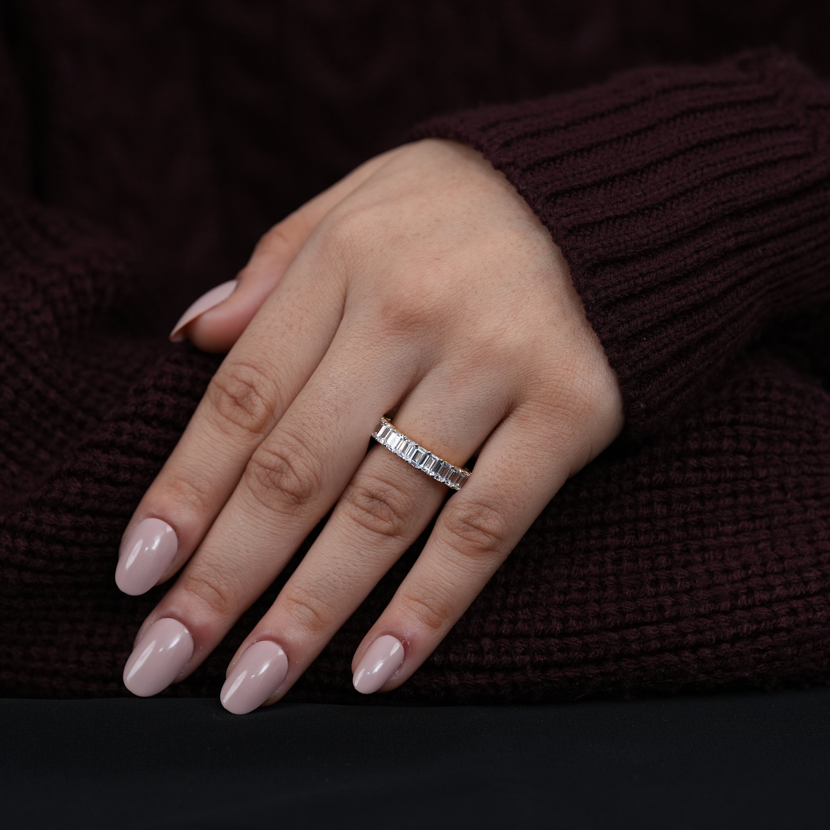 Emerald diamond eternity band crafted with lab grown stones