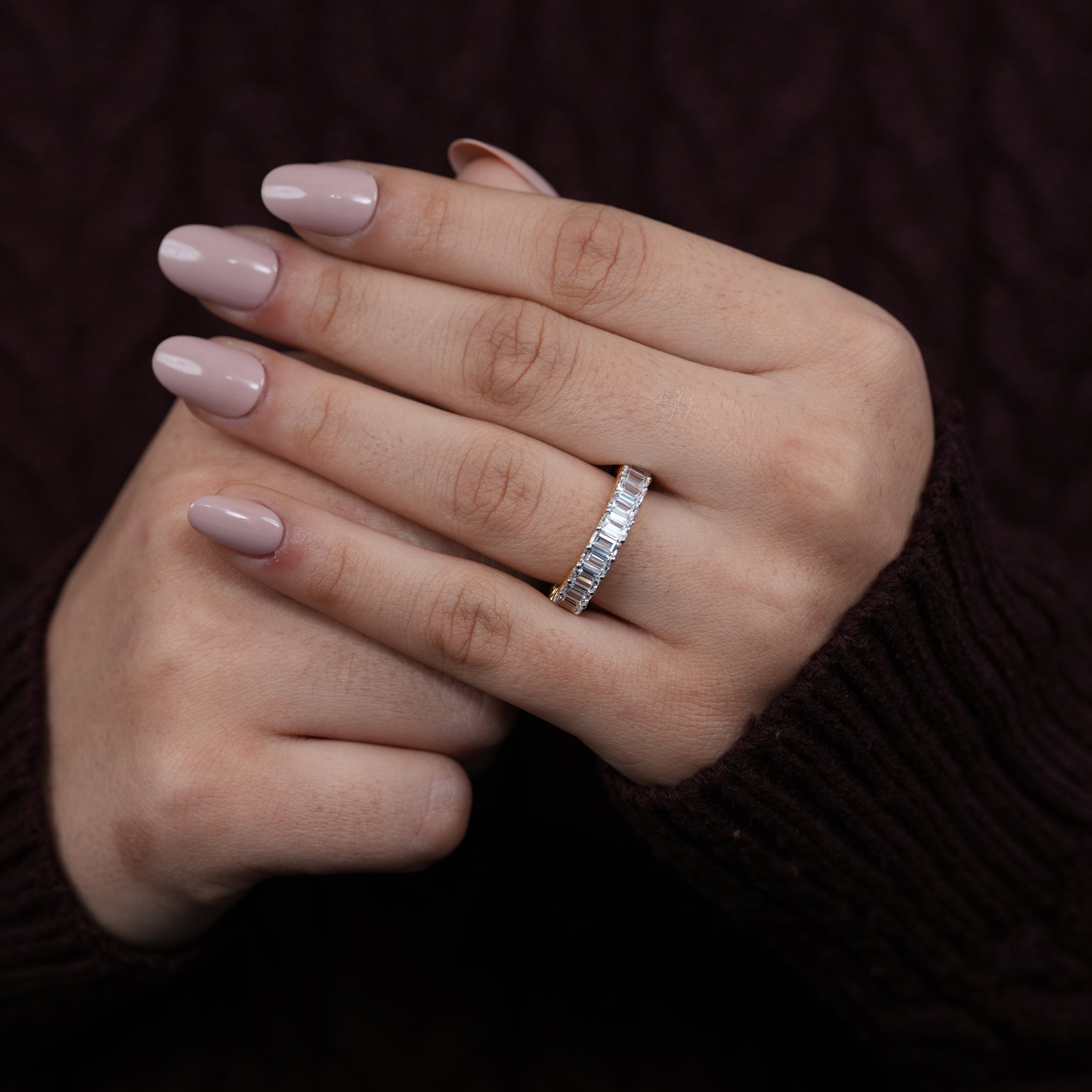 Emerald lab grown diamond eternity band with polished gold