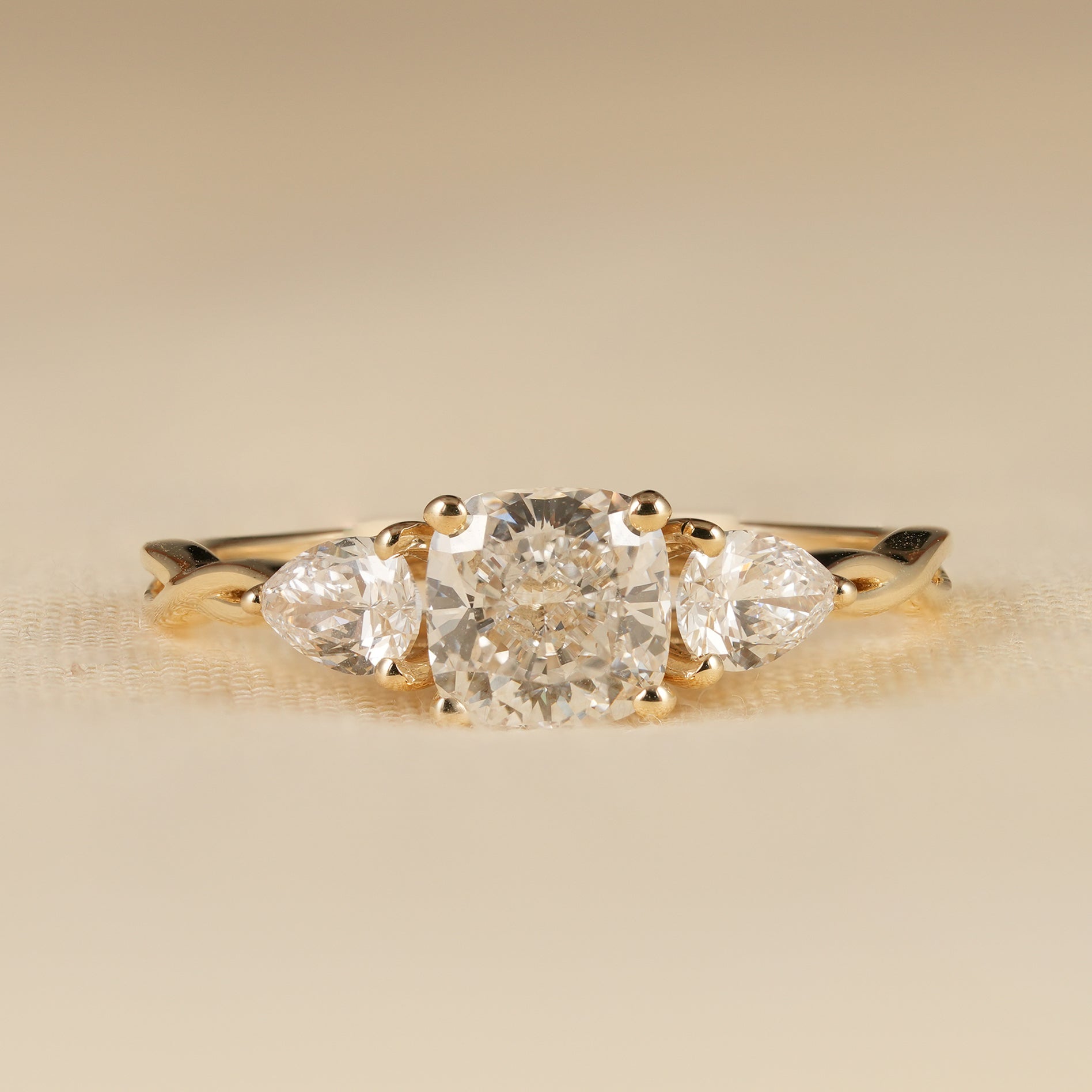 Three Stone Cushion Cut Lab Diamond Engagement Ring in Yellow Gold