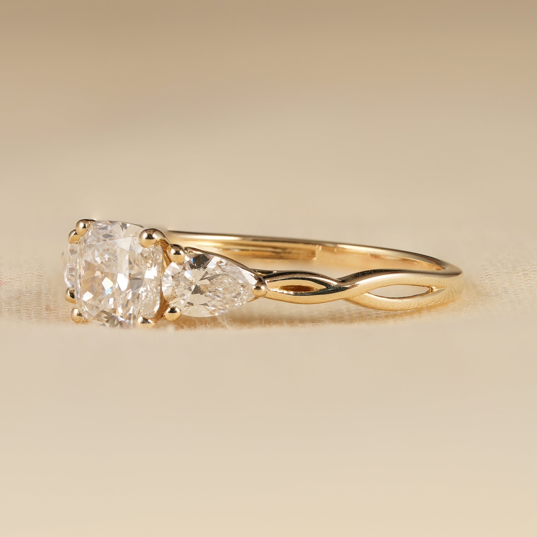 Cushion Cut Lab Diamond Ring with Pear Shaped Side Stones