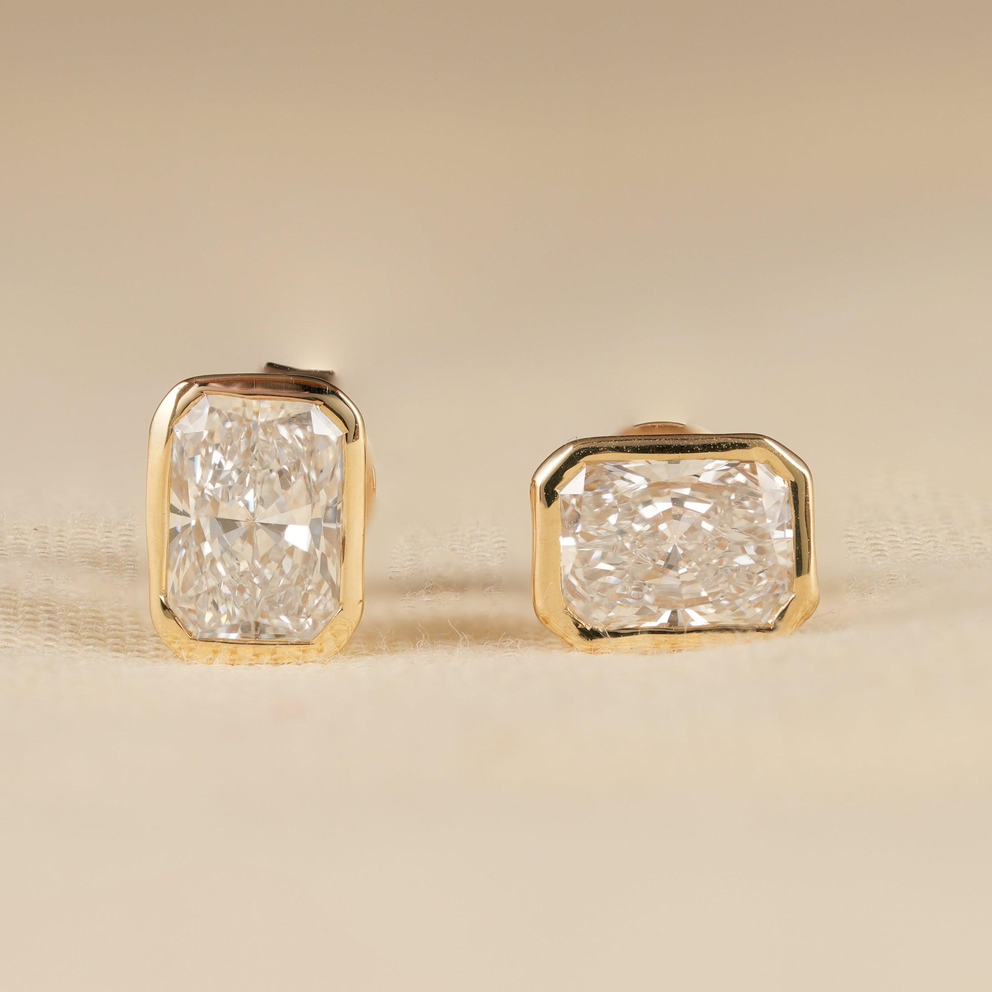 Bezel Set Radiant Cut Lab Diamond Stud Earrings in Yellow Gold