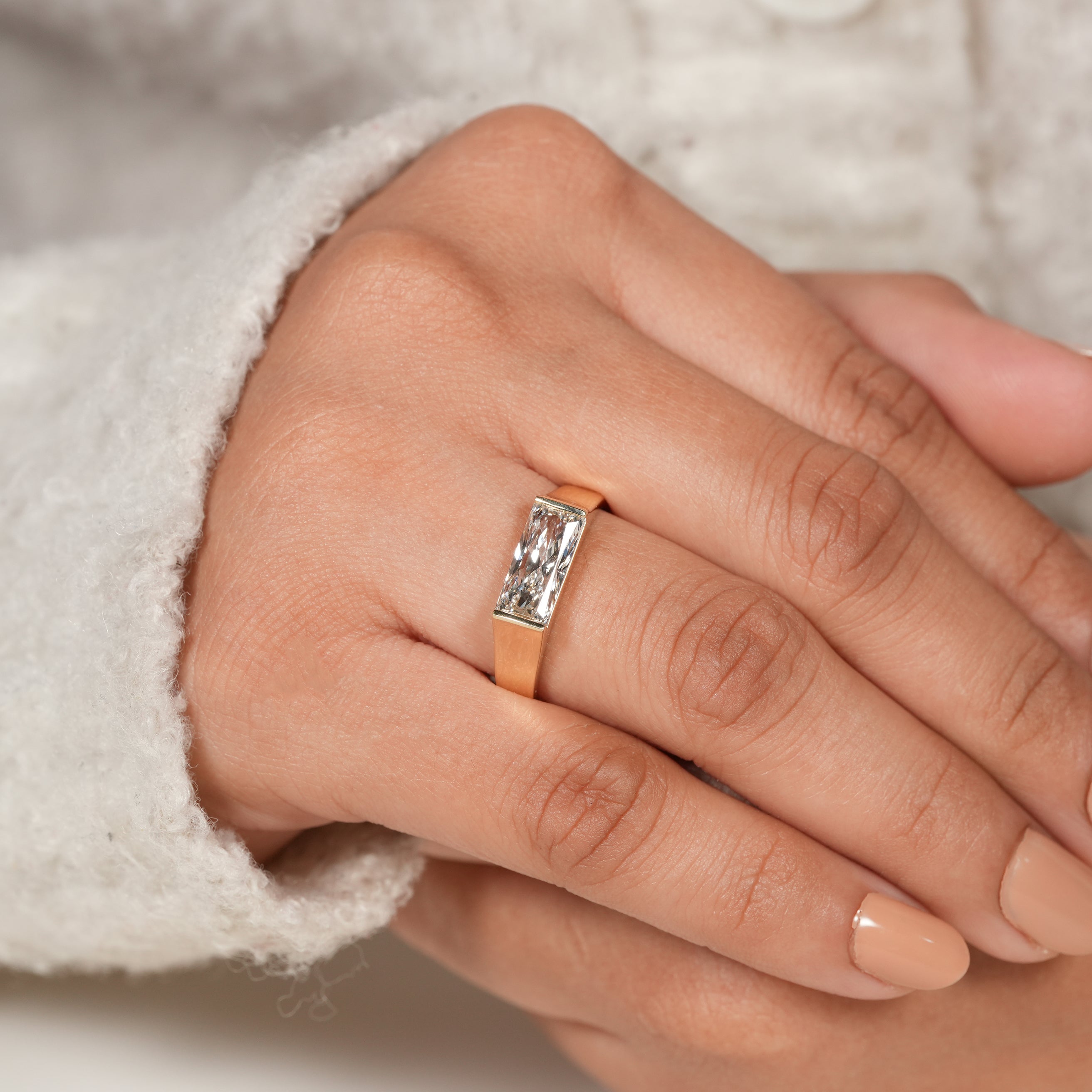 Unique Radiant Cut Diamond Ring with Smooth Gold Band Finish