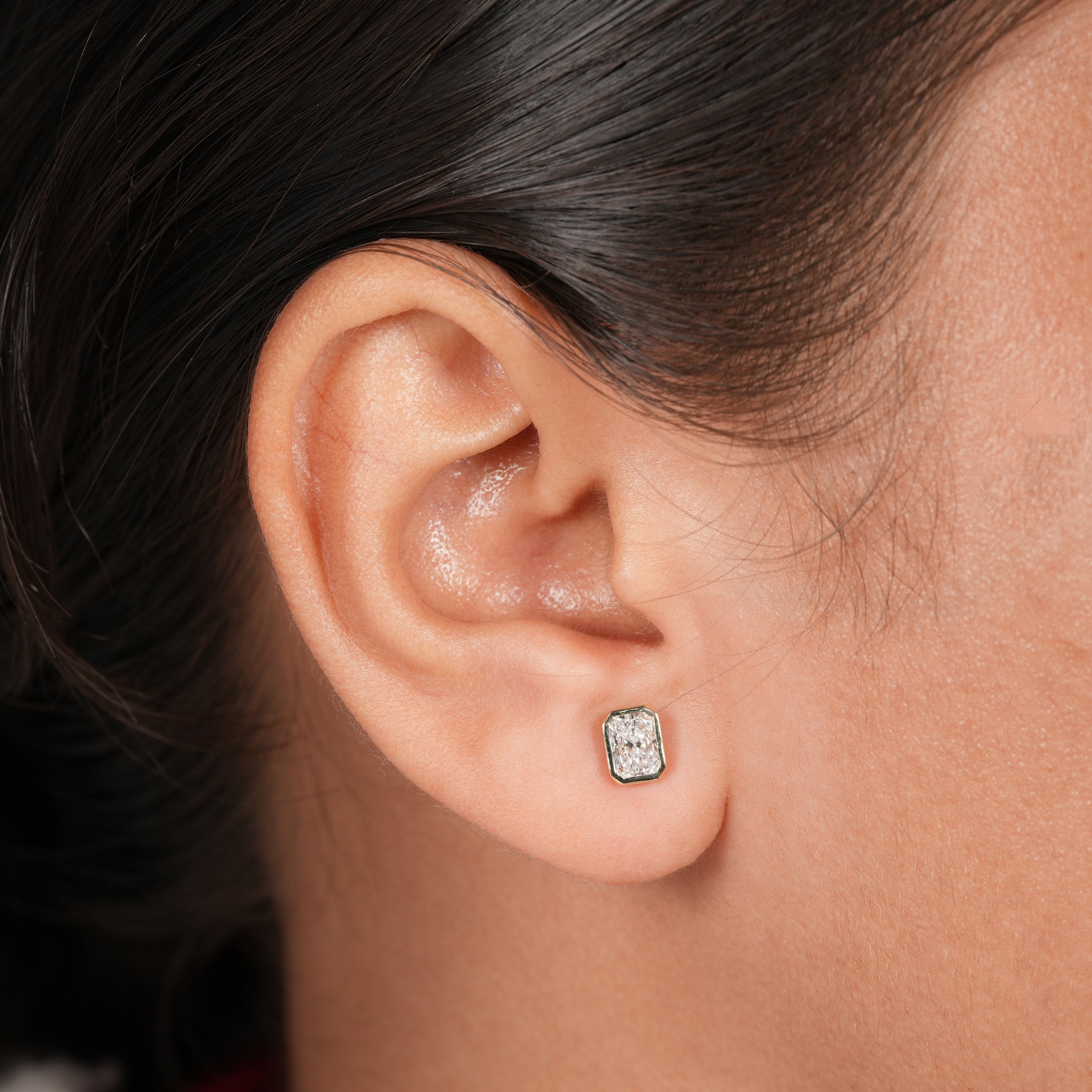 Contemporary Bezel Set Radiant Diamond Earrings in Solid Gold