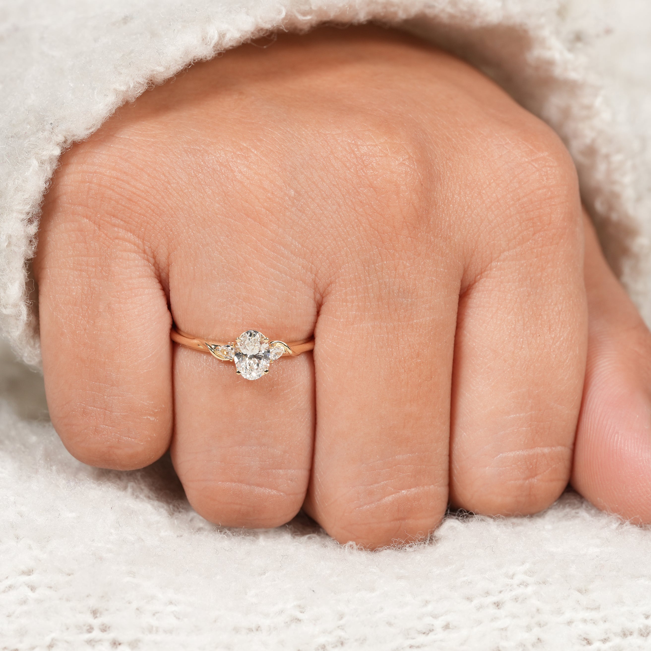 Delicate Twisted Gold Band Oval Engagement Ring with Pear Diamonds