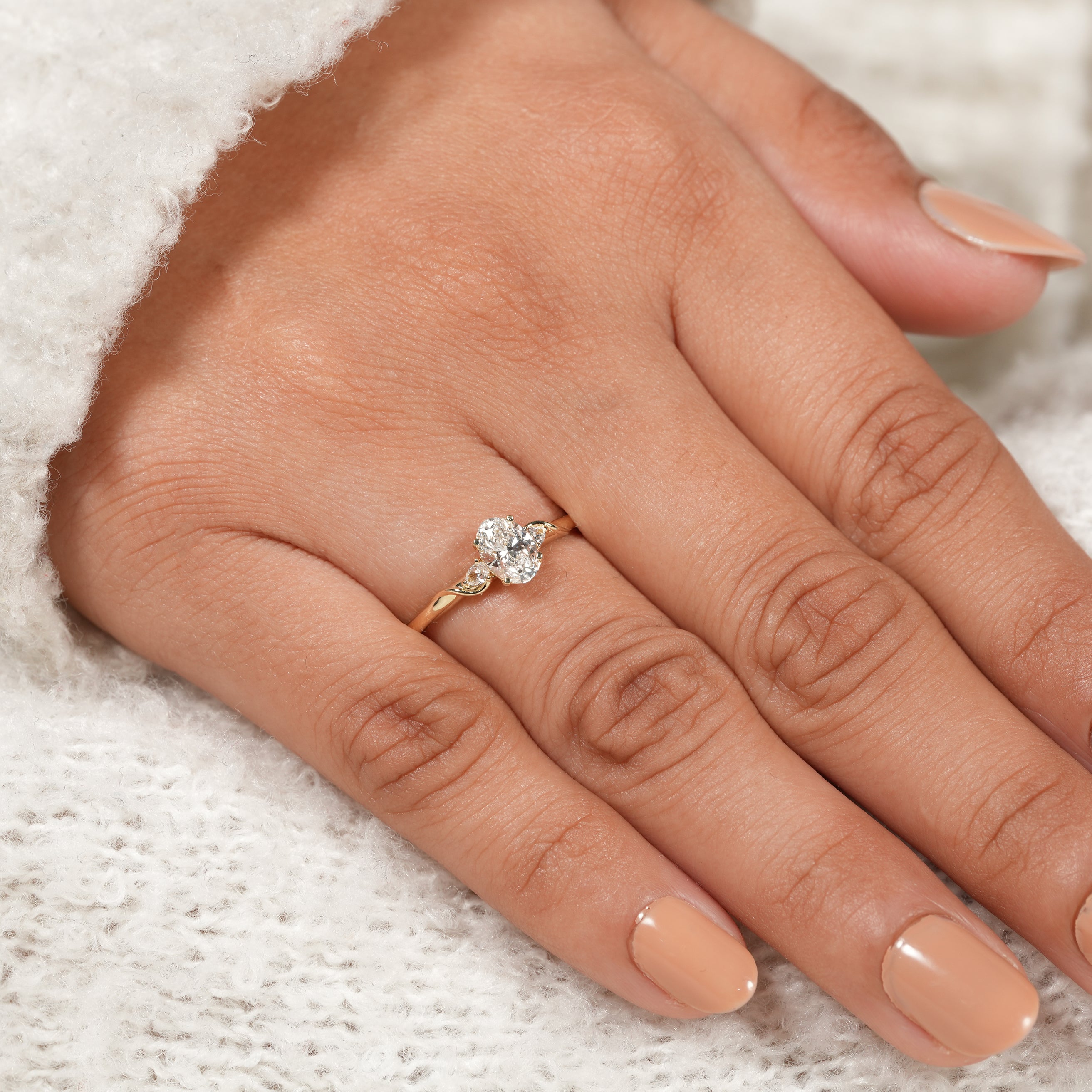 Oval Solitaire Lab Diamond Ring with Pear Side Stones for Her