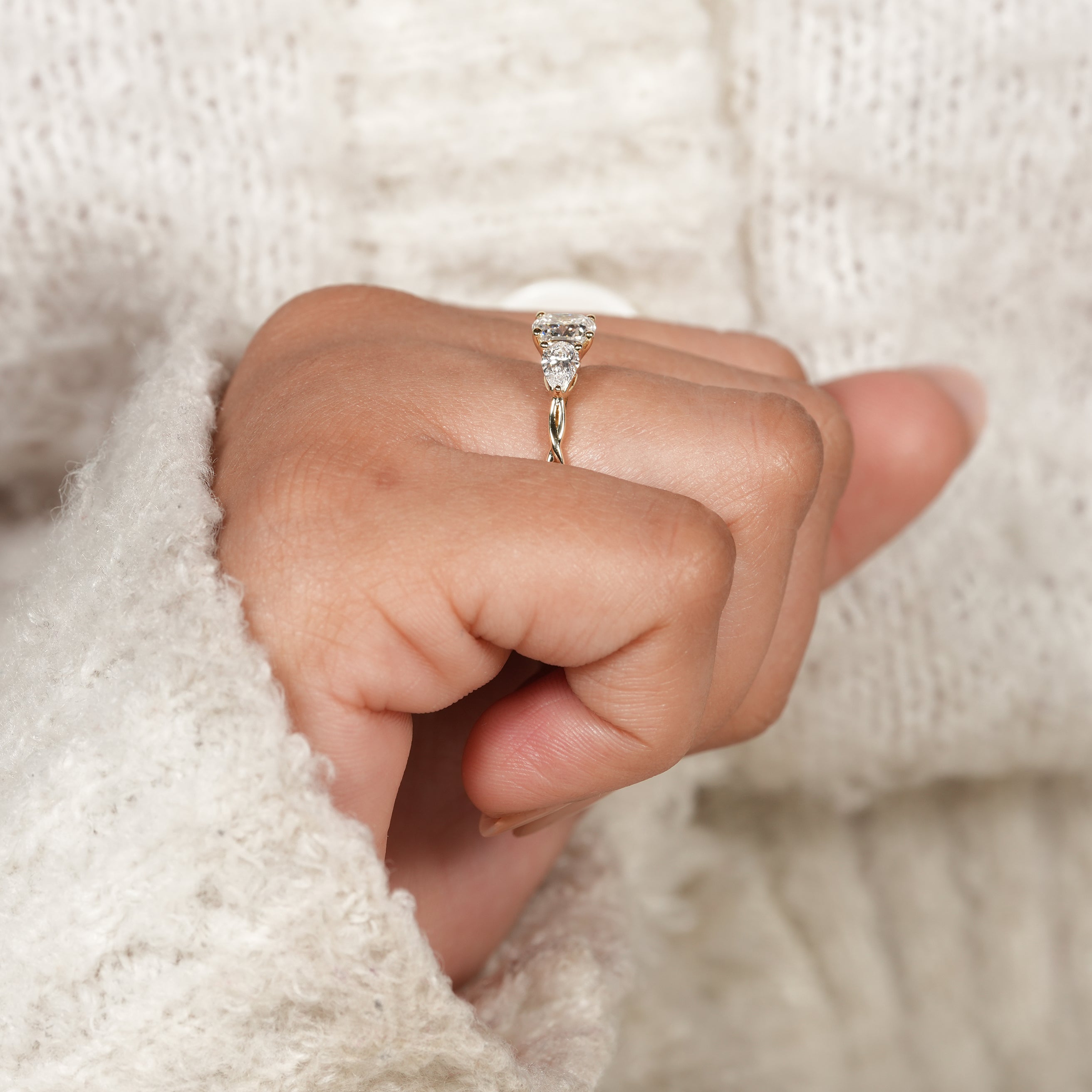 Cushion Solitaire Engagement Ring with Pear Shaped Diamond Accents