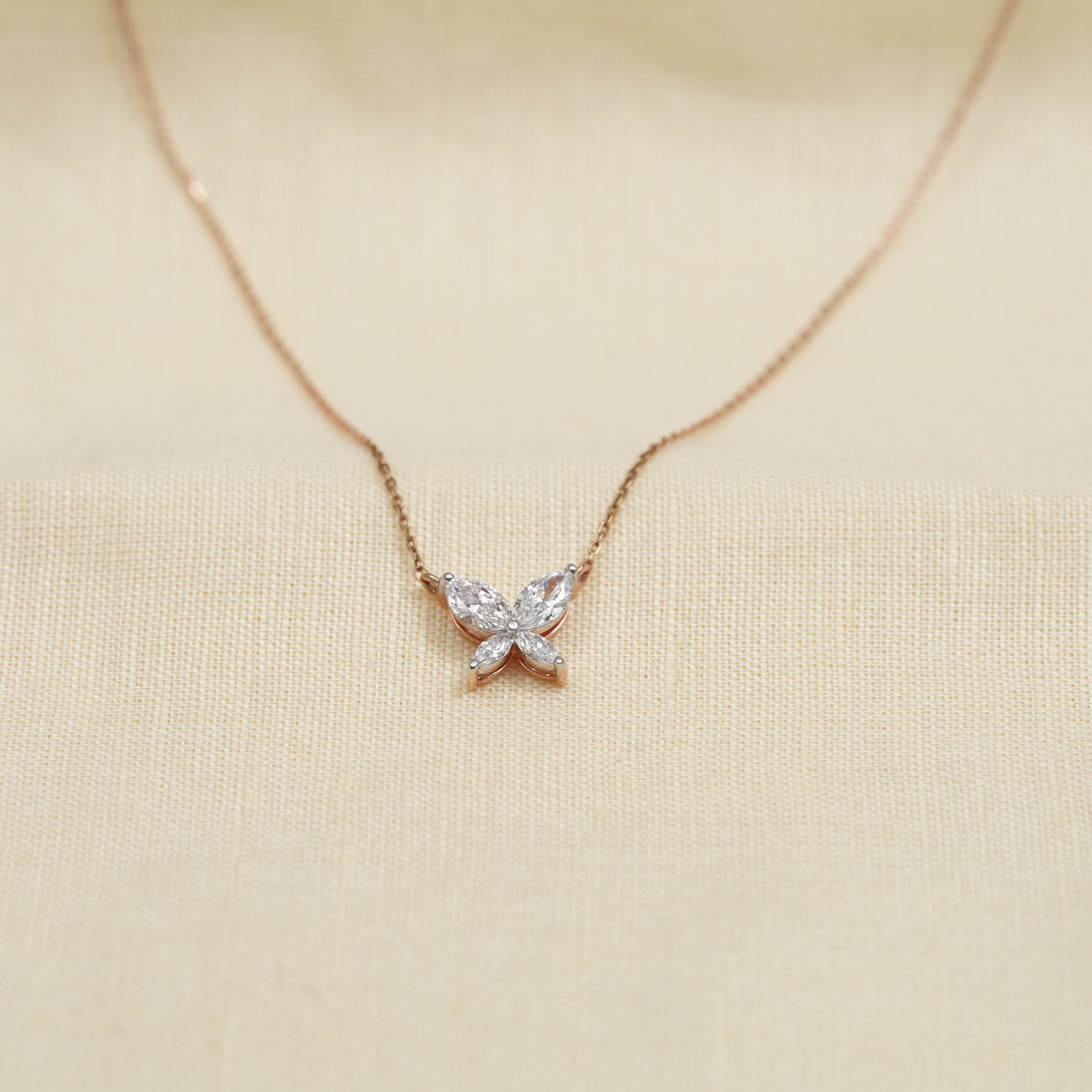 Butterfly lab grown diamond pendant necklace in rose gold
