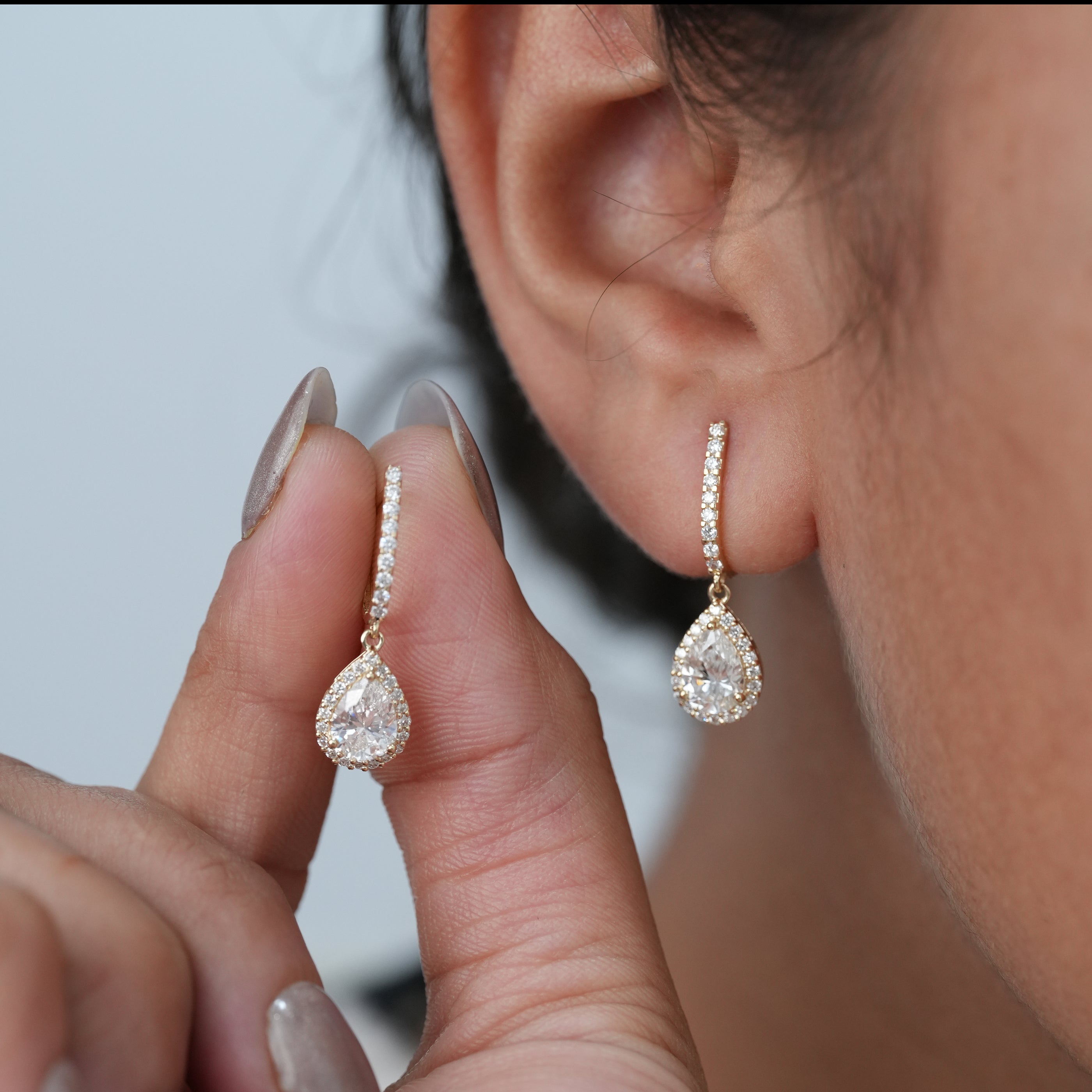 Pear Drop Lab Diamond Hoop Earrings Gold Halo Design