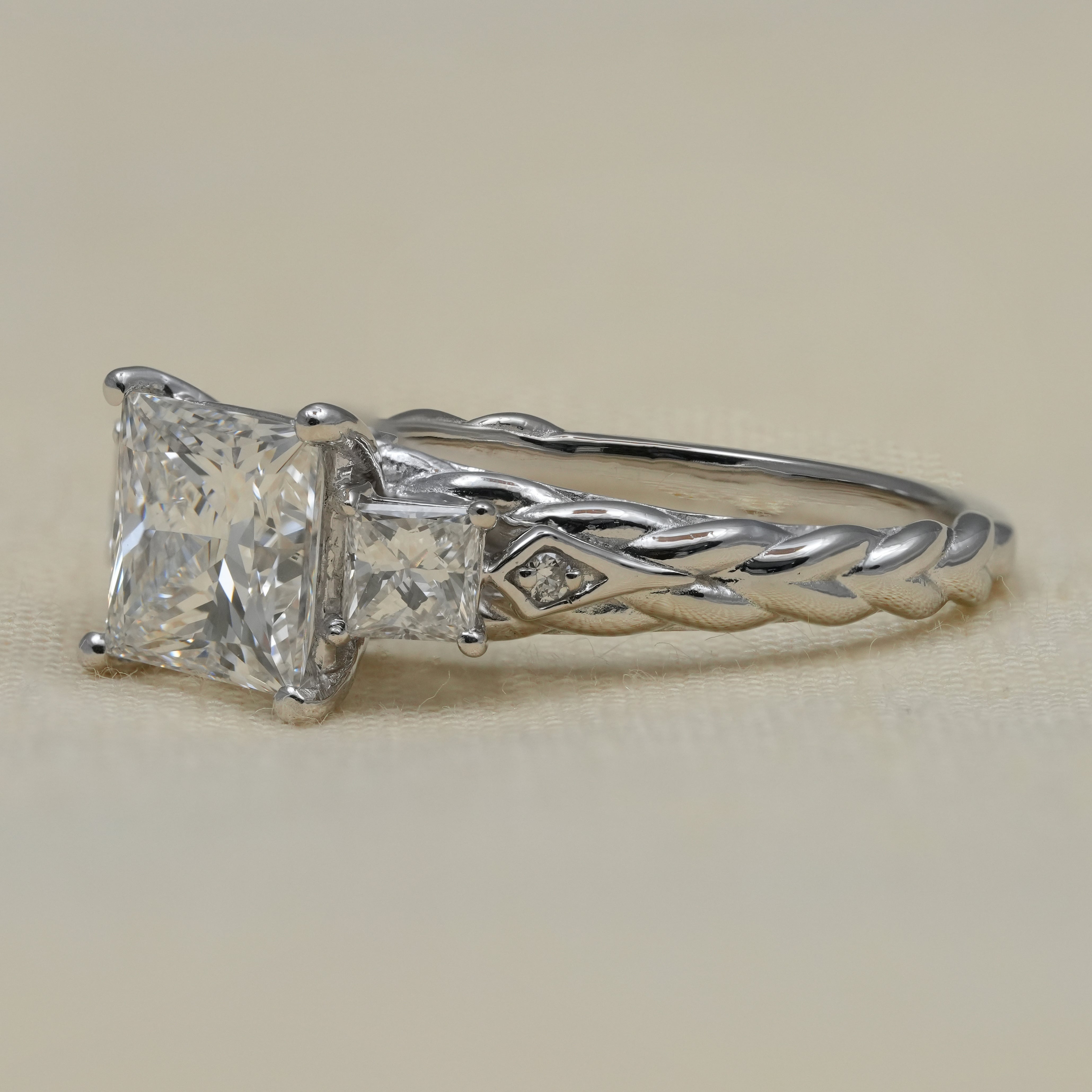 Vintage inspired princess lab grown diamond trilogy ring white gold setting