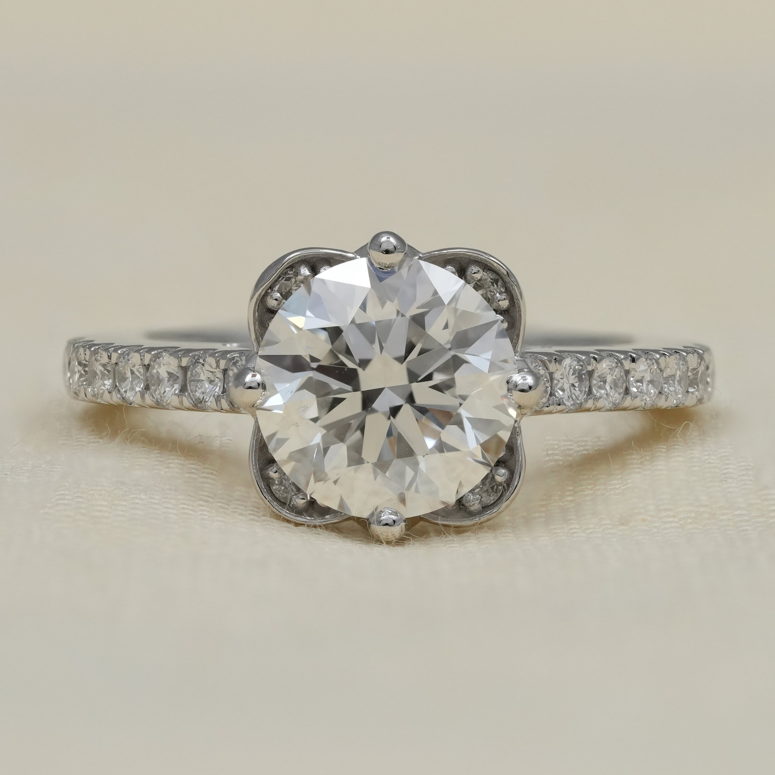 Round lab grown diamond engagement ring floral setting pavé band