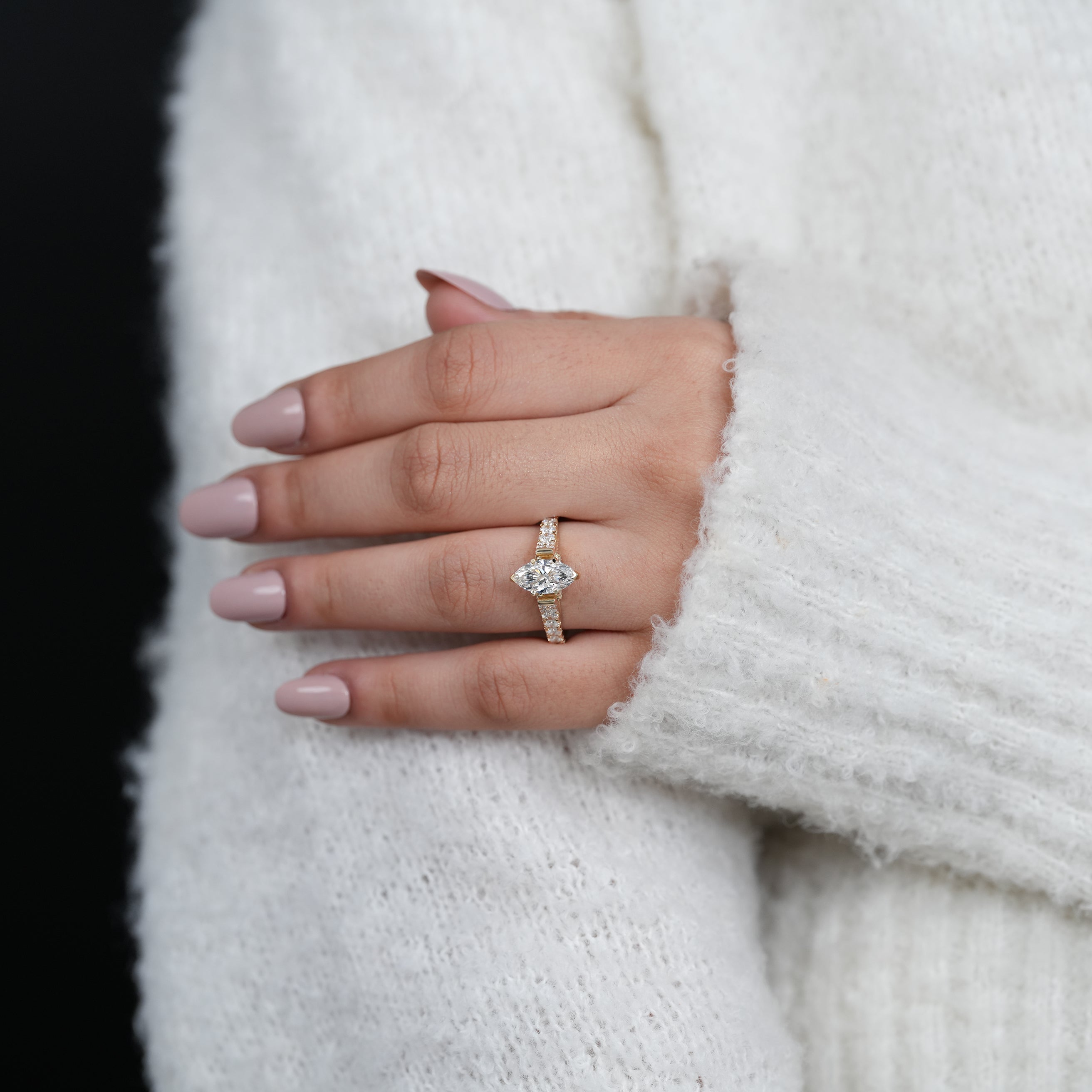 Brilliant marquise lab grown diamond ring with shimmering pavé accents