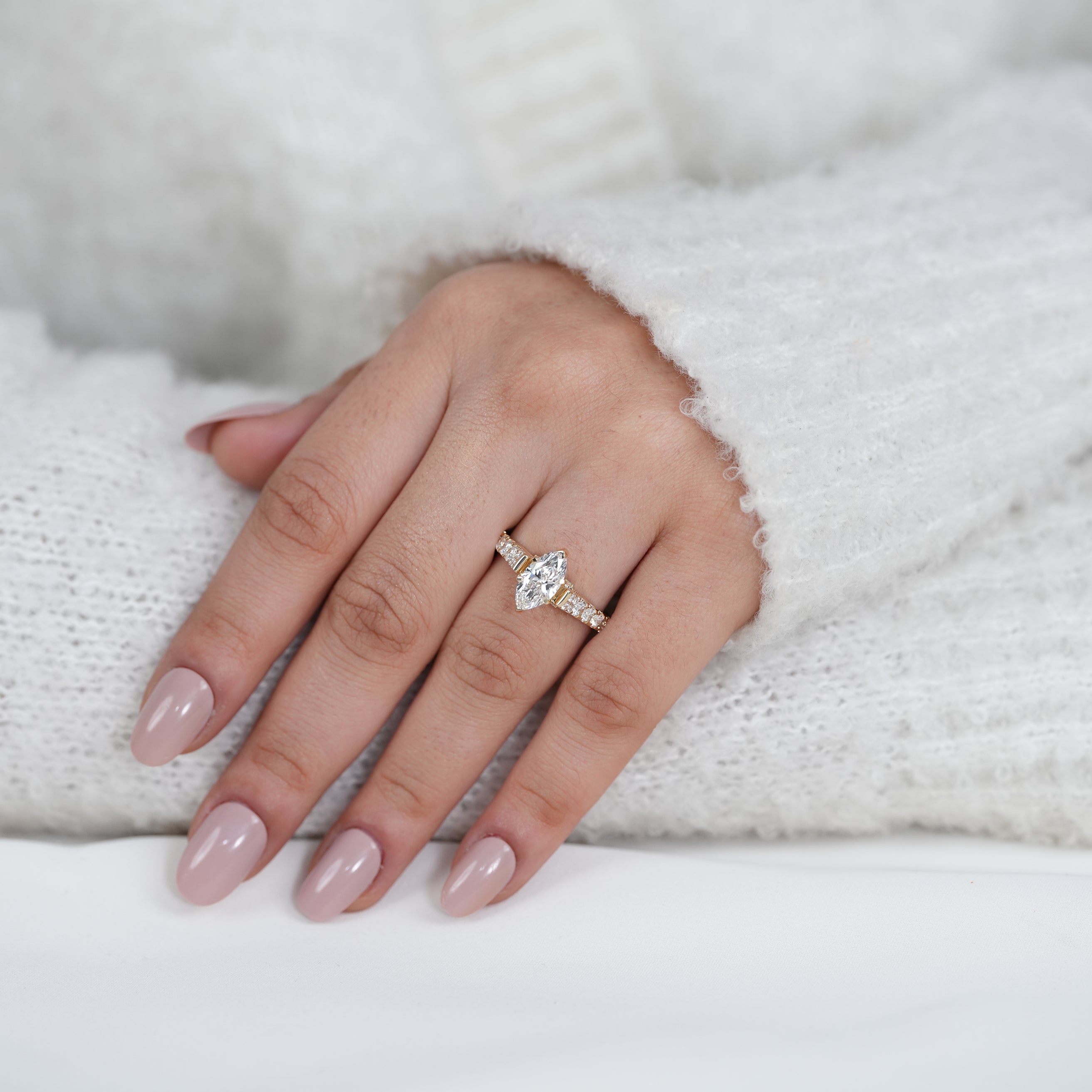 Romantic marquise lab grown diamond engagement ring with diamond pavé band