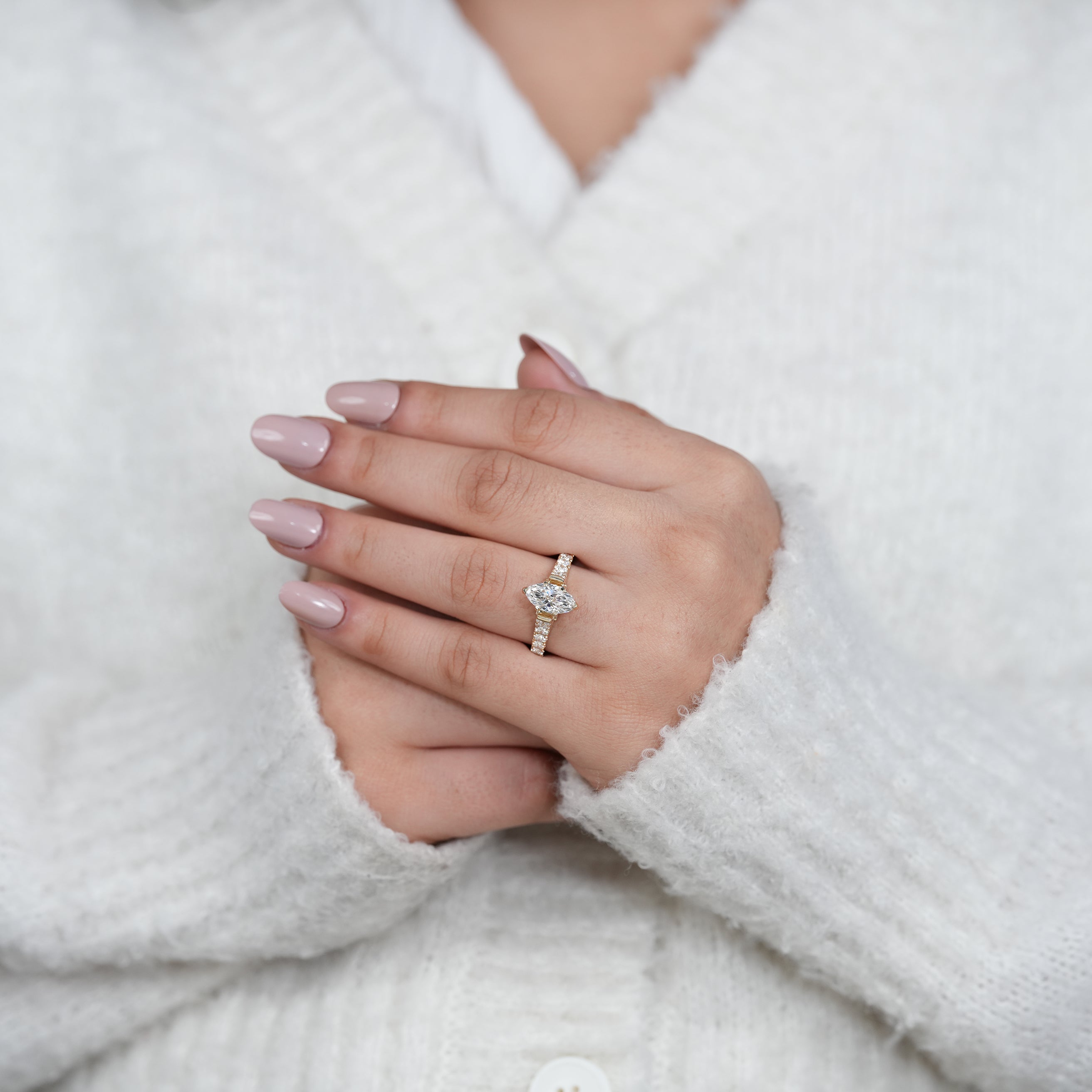 Timeless marquise lab grown diamond ring crafted in polished yellow gold