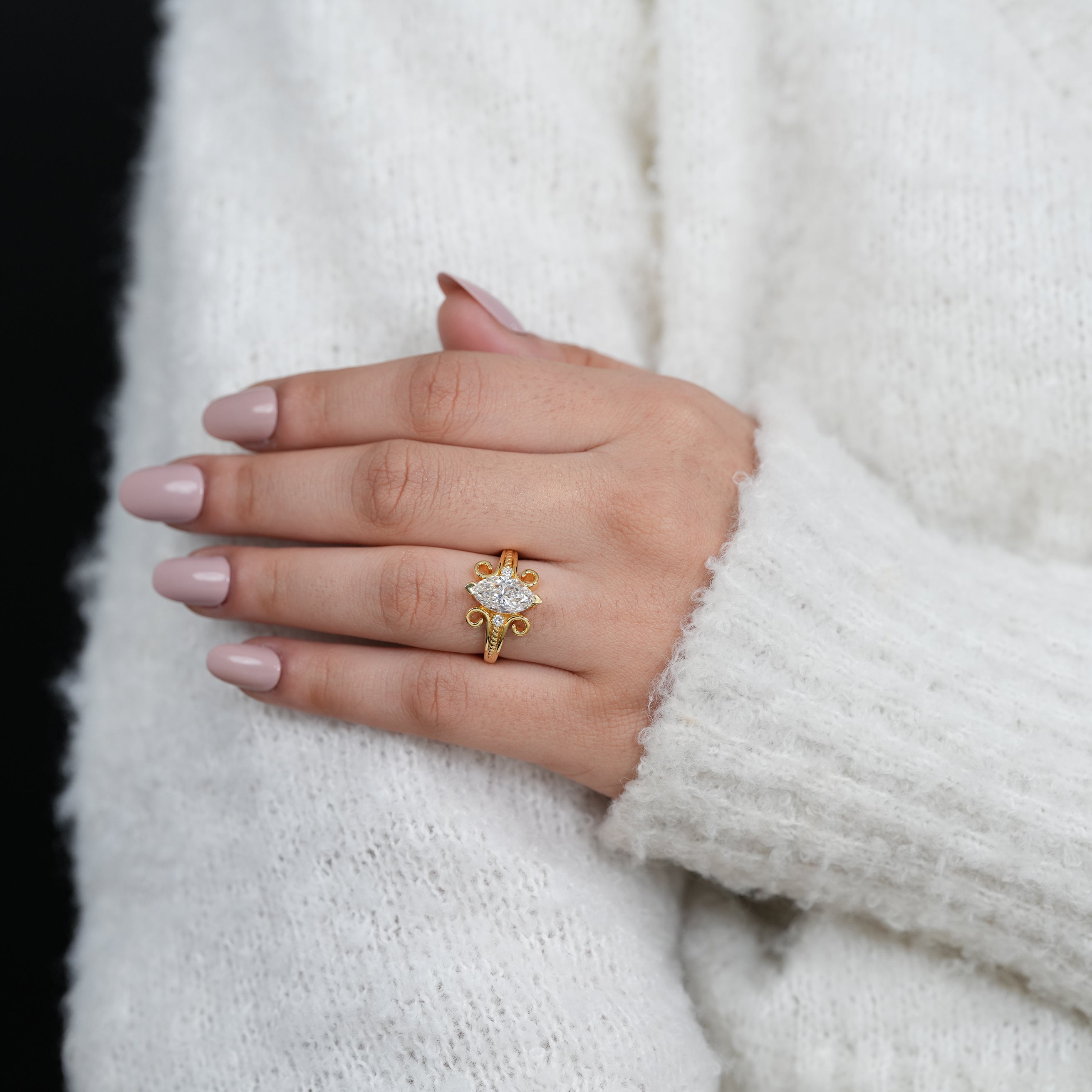 Luxury marquise lab grown diamond ring with vintage gold detailing
