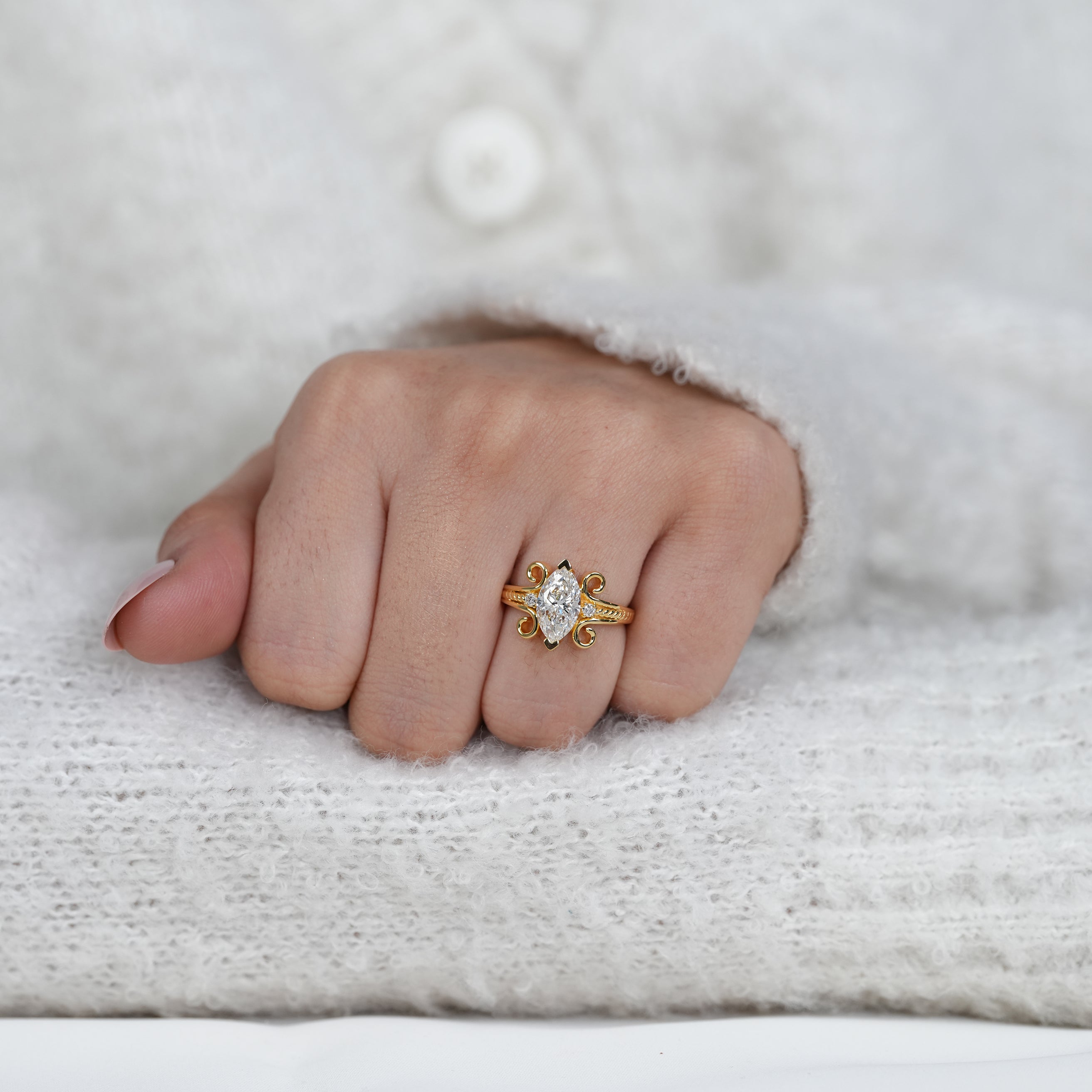 Fine jewelry marquise lab grown diamond ring with delicate side accents