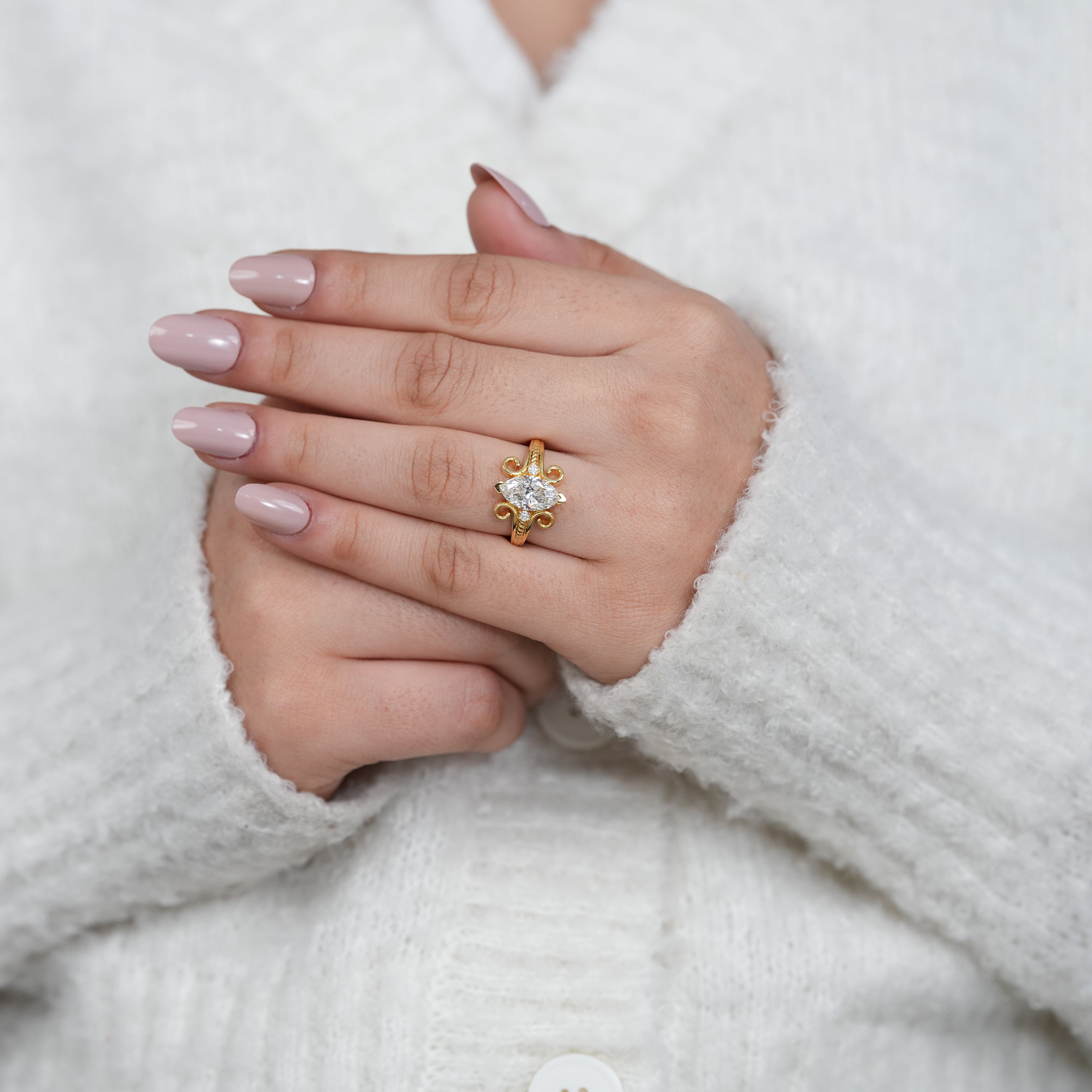 Statement marquise lab grown diamond ring with decorative vintage style