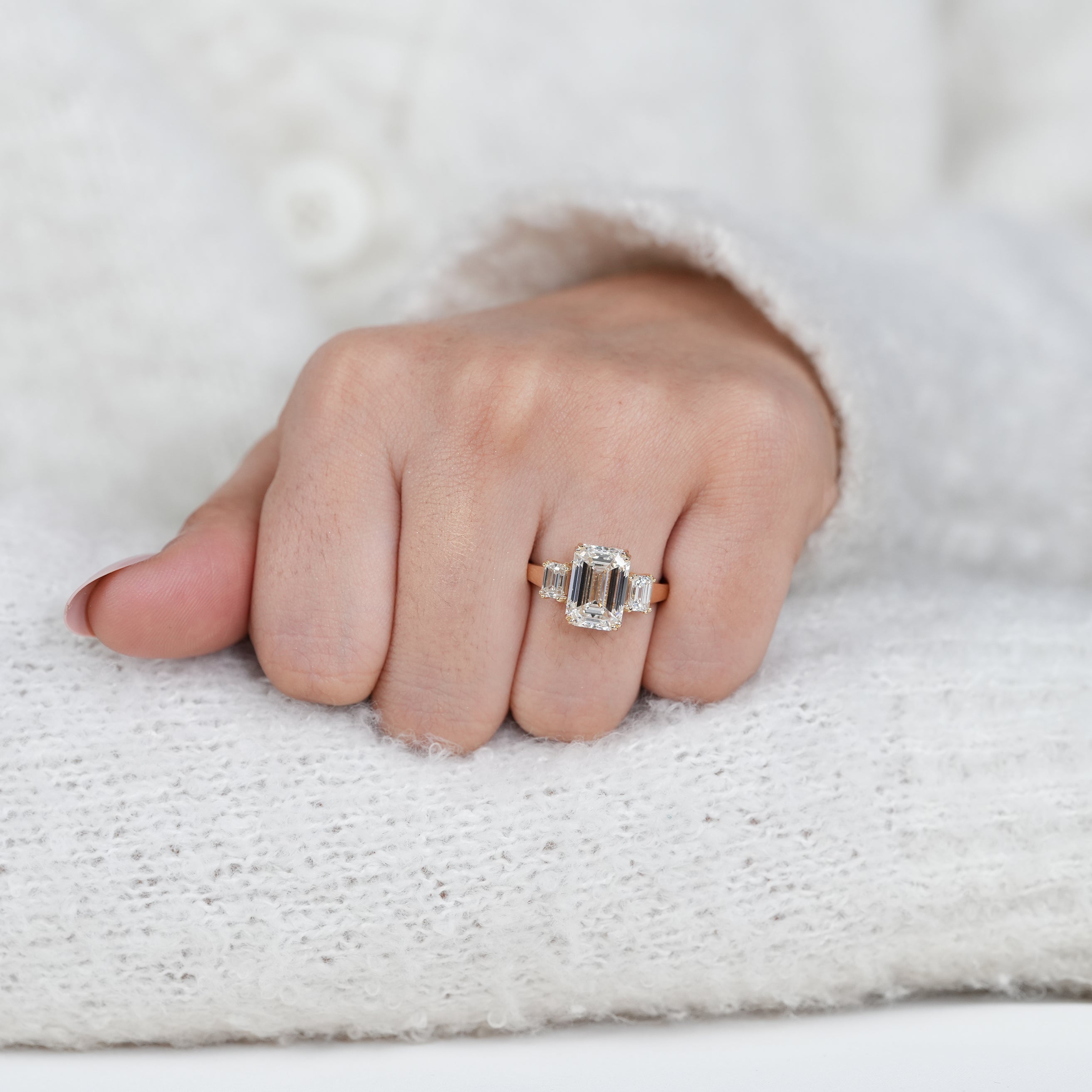 Elegant emerald cut lab grown diamond ring with step cut brilliance