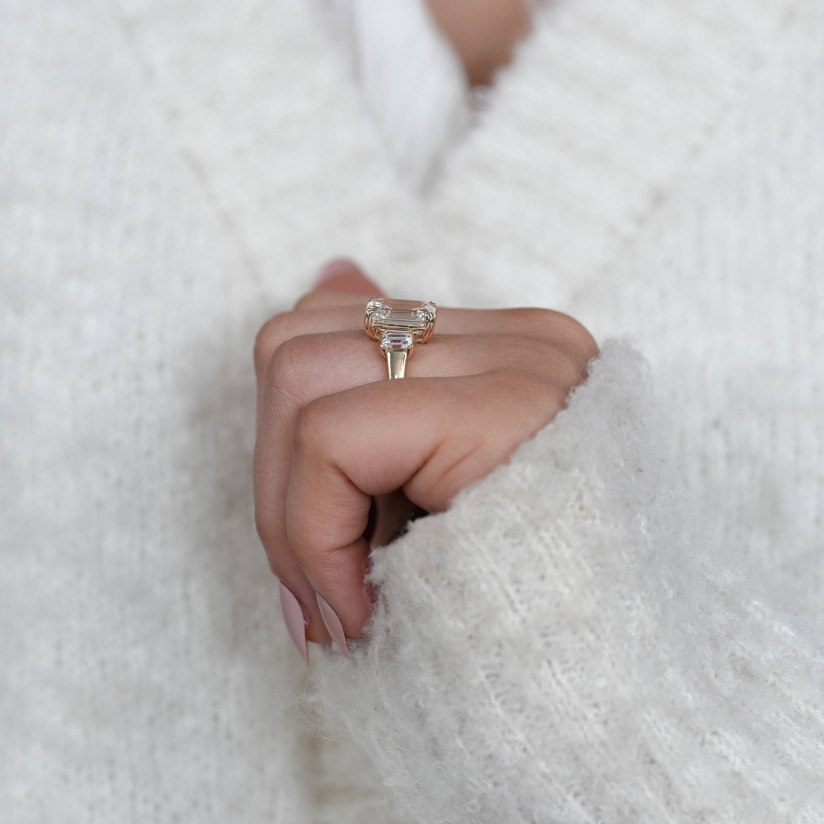 Three Stone Emerald Cut Lab Diamond Engagement Ring