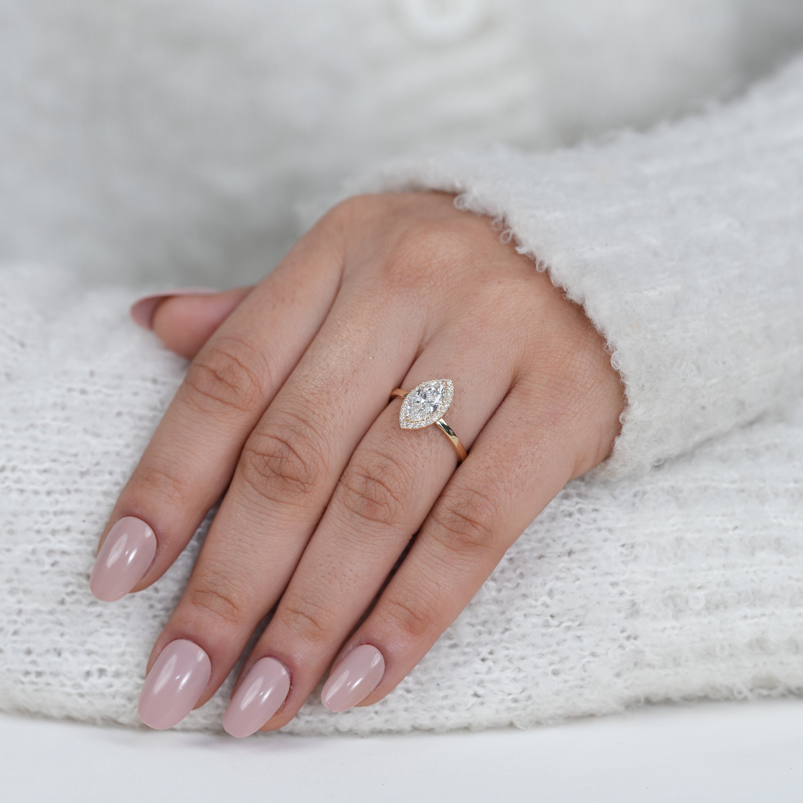 Delicate Marquise Diamond Ring – Brilliant Halo Setting