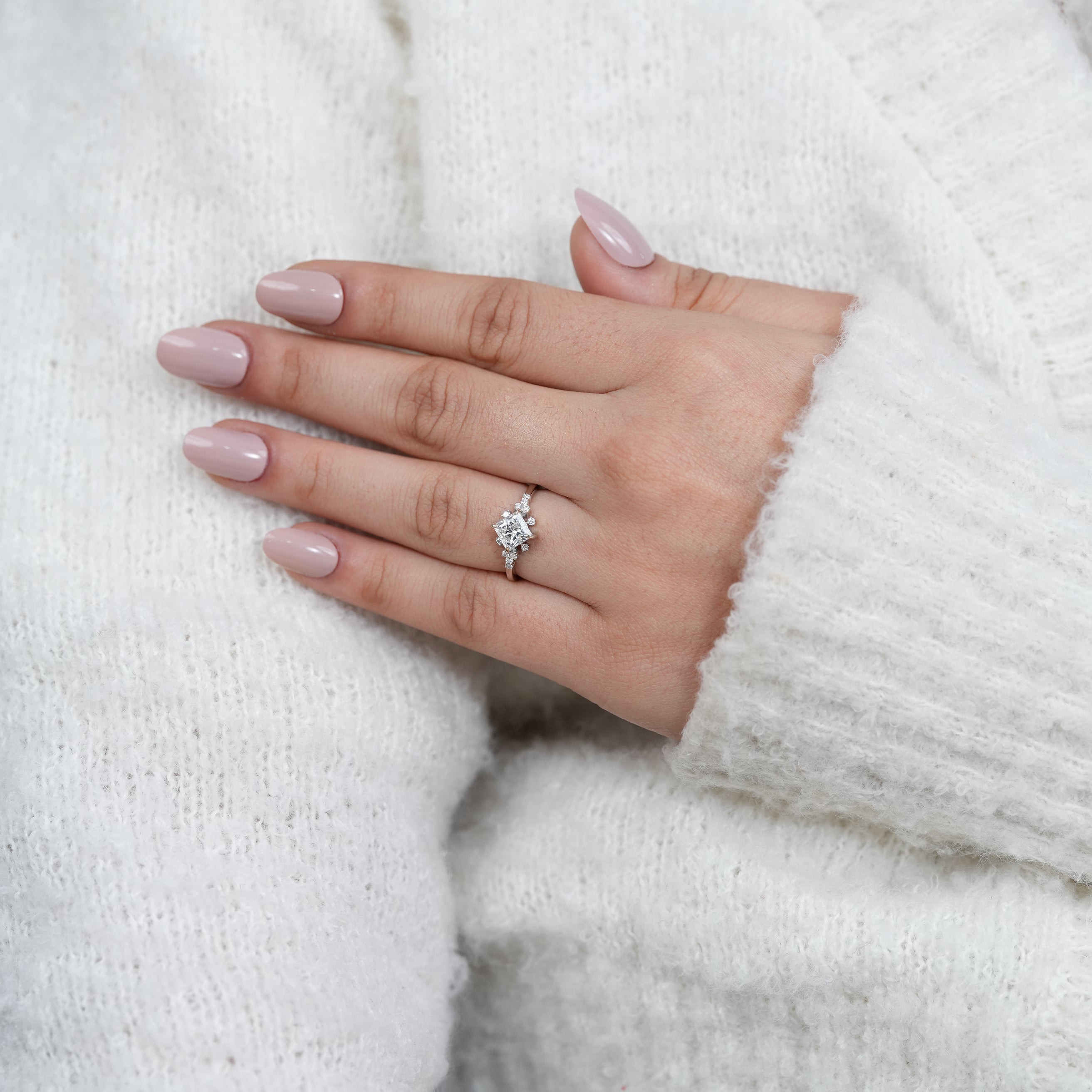 Vintage inspired princess lab grown diamond ring with floral detailing
