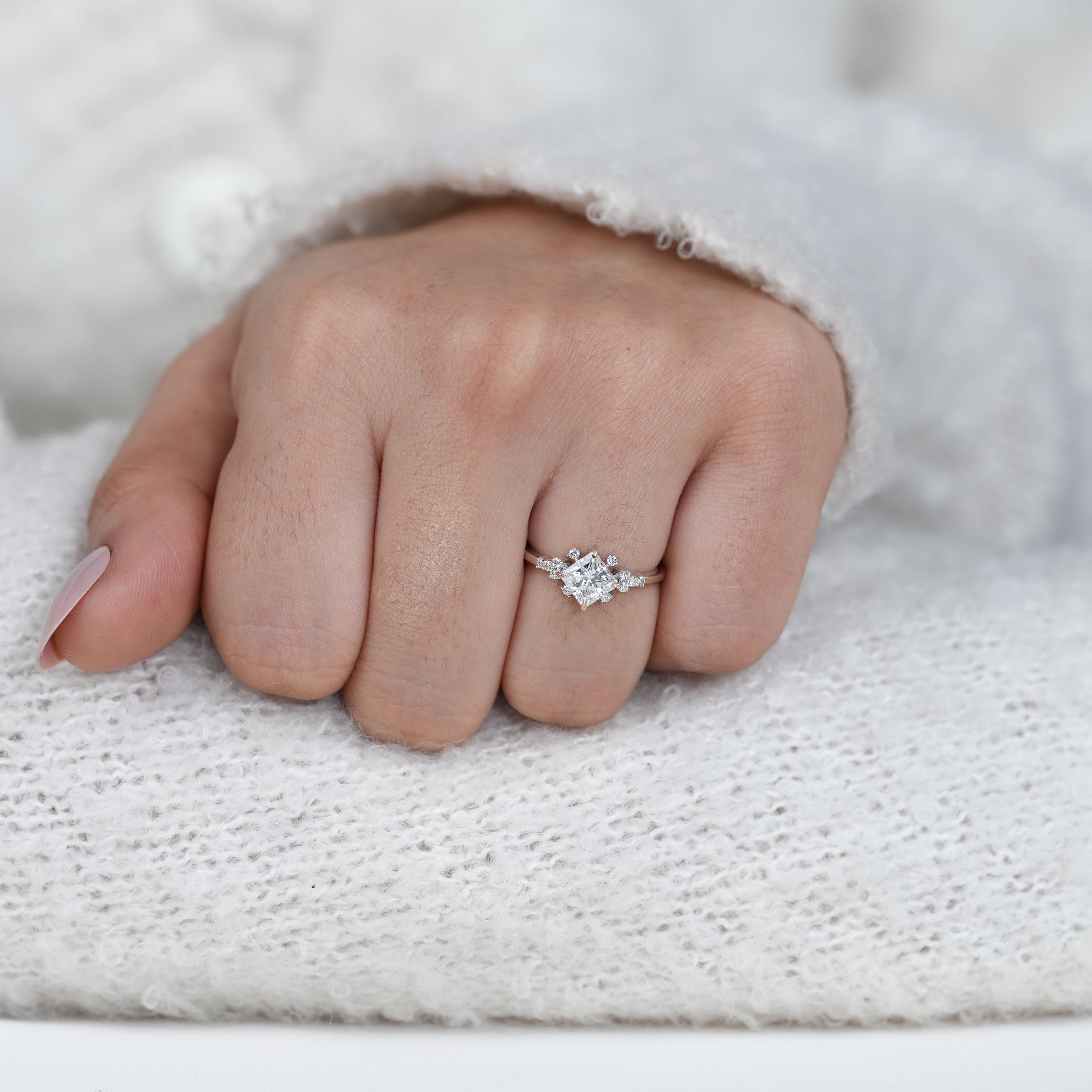 Romantic princess lab grown diamond engagement ring with cluster setting