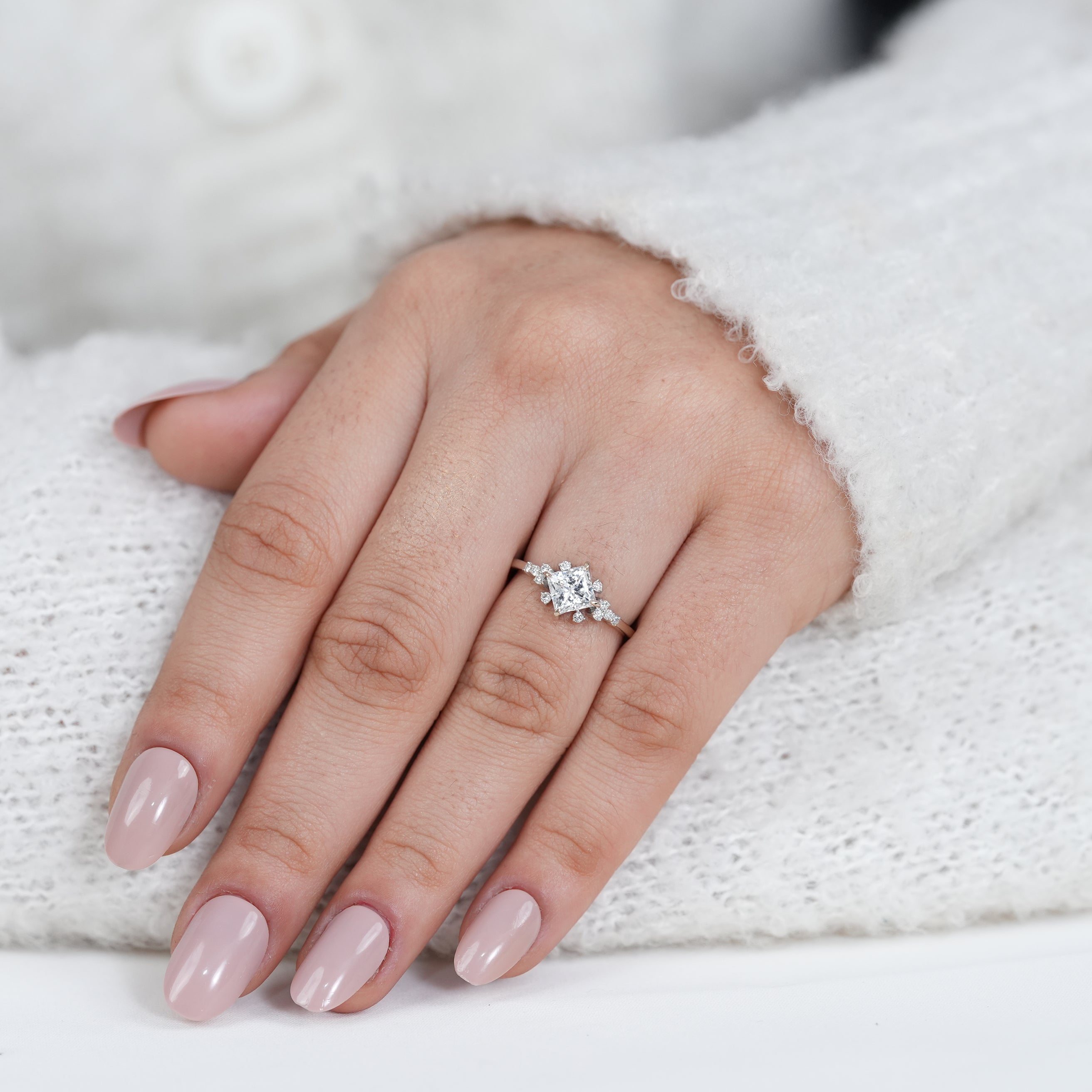 Modern princess lab grown diamond ring with nature inspired accents