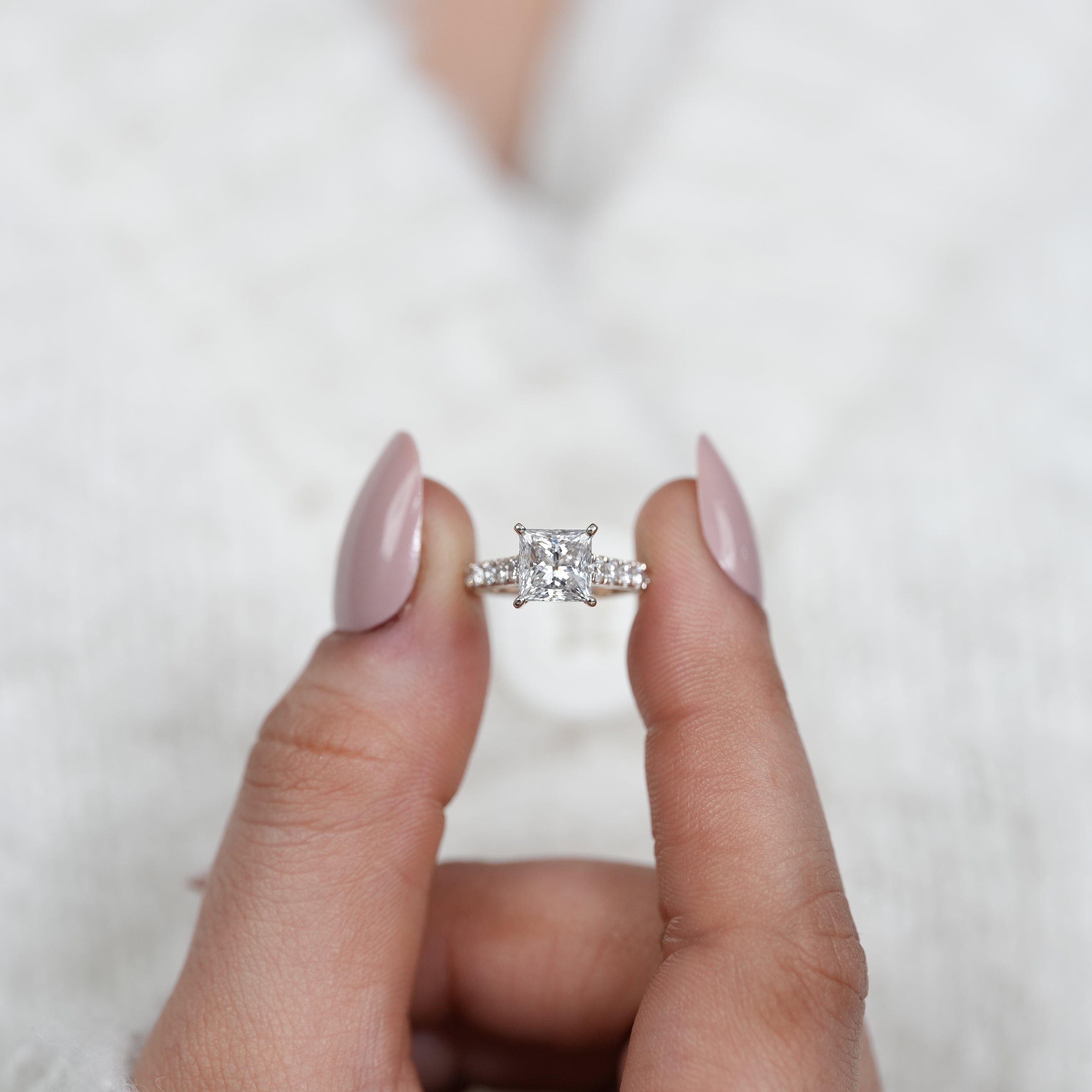Luxury princess lab grown diamond ring in polished white gold