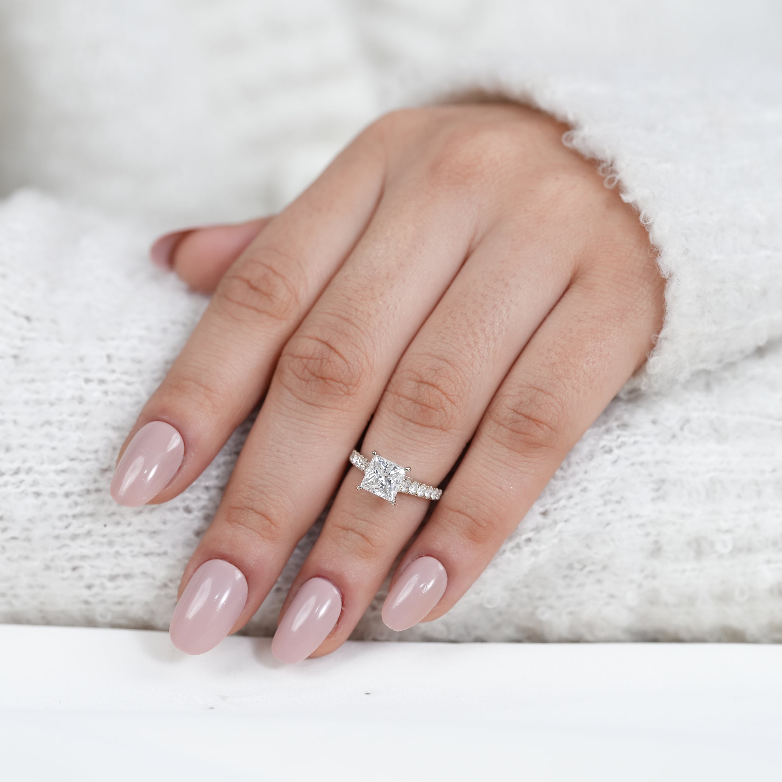 Elegant princess lab grown diamond engagement ring with pavé setting