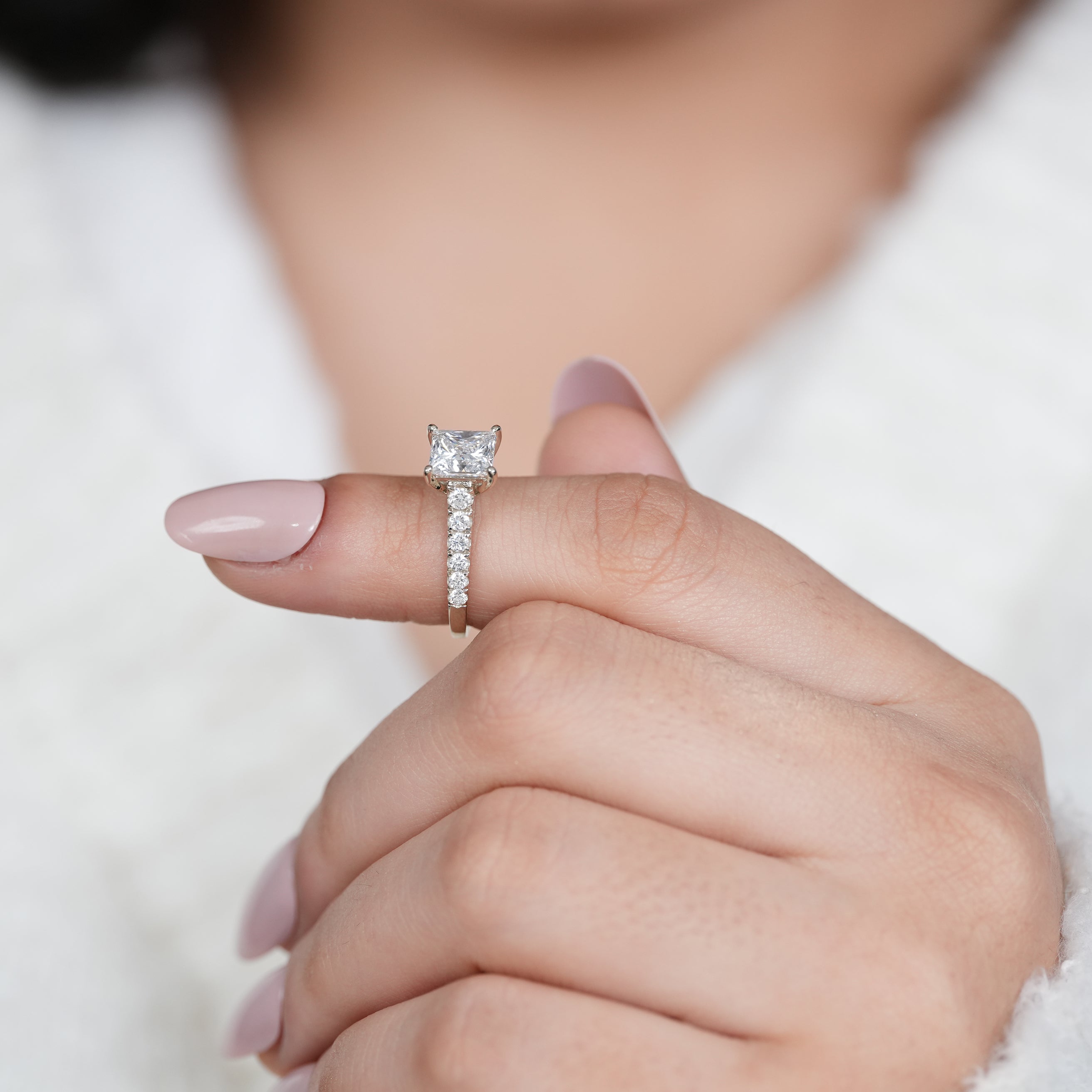 Modern princess lab grown diamond ring with sparkling shoulders